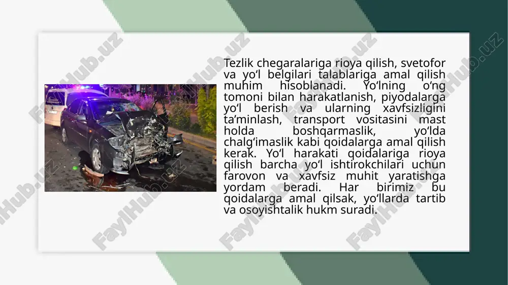 boshqarish, avtomobilning to‘liq boshqarilishini yo‘qotish va baxtsiz hodisalarga olib kelishi ehtimolini oshiradi. yuqori tezlikda yo‘lni bosib o‘tish, avariya yuzaga kelganida tez yordam ko‘rsatish imkoniyatini cheklaydi va jarohat olish xavfini oshiradi.tezlikning oshishi reaktsiya vaqtini uzaytiradi, bu esa to‘satdan yuzaga kelgan holatlar, masalan, to‘siqlar, piyodalar yoki boshqa transport vositalari bilan to‘qnashuv ehtimolini orttiradi. tormozlash masofasi ham tezlik oshganda ortadi, bu esa avariya holatida vaziyatni tezda boshqarishni qiyinlashtiradi. tezlikni oshirish hayotingizga xavf soladi, chunki yuqori tezlikda harakatlanish avtomobilning boshqaruvini qiyinlashtiradi va hodisalarning jiddiy natijalarga olib kelishini kuchaytiradi. tezlik oshganda, tormozlash masofasi uzayadi va haydovchining to‘g‘ri qaror qabul qilish vaqti qisqaradi. bu esa, masalan, to‘siq yoki boshqa transport vositasi paydo bo‘lganda zaruriy choralarni ko‘rishga imkon bermaydi. tezlikni oshirish, xavf-xatarni oshiradi va baxtsiz hodisalarning oldini olish imkoniyatini kamaytiradi. yuqori tezlikda harakatlanish haydovchining va boshqa yo‘l ishtirokchilarining xavfsizligini xavf ostiga qo‘yadi. piyodalarga, velosipedchilarga yoki boshqa transport vositalariga zarba berish ehtimoli oshadi, bu esa o‘limga yoki og‘ir …