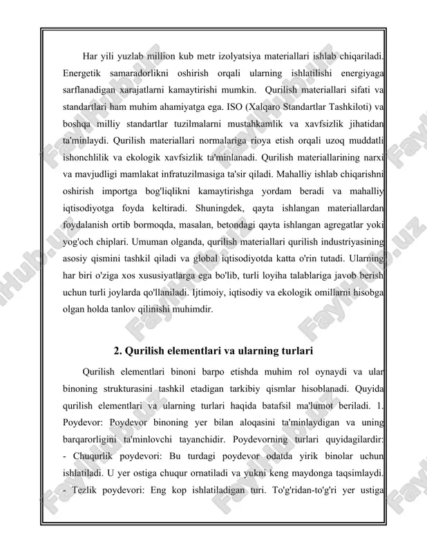 uchun mos. - yogoch kolonalar: estetik va engil, kichik qurilishlarda ishlatiladi. - chelik kolonalar: yuqori yukni kotarishga moljallangan yangicha tipdagi kolona. 7. pogonalar: pogonalar qavatlar orasidagi vertikal aloqani ta'minlaydigan element hisoblanadi. turlar: - to'gri pogonalar: eng oddiy uslub va oson ishlab chiqariladi. - spiralsimon pogonalar: kam joy egallaydi va estetik korinishga ega. - yolakli pogonalar: yon yolaklarga ega va kop kishi yurishi uchun moslashgan. qurilish elementlari va ularning turlari haqida yuqorida aytib otilganidek, har bir element ozining aniq vazifasini bajaradi va butun binoning mustahkamligi, xavfsizligi hamda estetik korinishini taminlaydi. har bir element turli materiallar va texnikalar yordamida amalga oshiriladi, bu esa ularning mustahkamligi va chidamliligini oshiradi. qurilish jarayonida har bir elementning togri tanlanishi va qollanilishi muhim ahamiyatga ega. 3. sanitariya-texnik qurilmalar sanitariya-texnik qurilmalar bu uy-joylar, jamoat binolari va sanoat inshootlarida suv ta'minoti, isitish, gaz taqsimoti, kanalizatsiya va havoni tozalash tizimlari bilan bog'liq qurilmalar va jihozlar majmuasidir. ushbu tizimlar zamonaviy yashash …