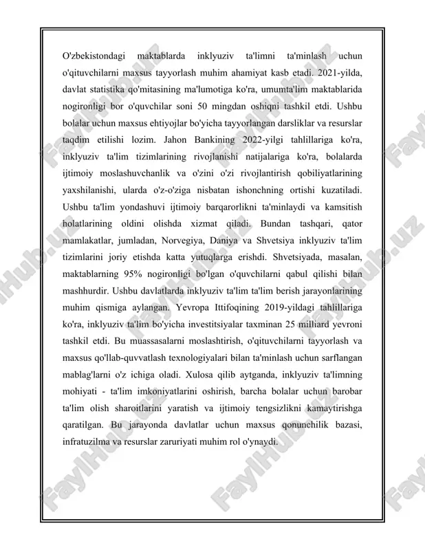 davlatlarda maxsus ta'lim ehtiyojlariga muhtoj bo'lgan o'quvchilar soni o'zgacha. masalan, aqshda 2020-yilda davlat maktablaridagi o'quvchilarning taxminan 14 foizi maxsus ta'lim xizmatlaridan foydalandilar. qilayotgan mamlakatlar va tijorat tadqiqot markazlarining tadqiqotlari ko'pincha maxsus ta'lim xizmatlarini rivojlantirish yo'llarini o'rganadi. maxsus ta'lim ehtiyojlarini qamrab olish uchun ta'lim siyosati yondashuvlari va strategiyalari ham rivojlanmoqda. har bir bolaga me'yorida ta'lim imkoniyatlarini taqdim etish - bu sohadagi asosiy maqsadlardan biri. endi o'quvchoralarigacha, jamiyatda maxsus ta'lim ehtiyojlaridan xabardorlikni oshirish va ularga qo'shimcha resurslar ajratishni kuchaytirish borasida katta izlanishlar olib borilmoqda. shu bilan birga, texnologiyalarning rivojlanishi ham maxsus ta'lim ehtiyojlari bo'lgan bolalar uchun yangi imkoniyatlarni ochmoqda. elektron o'quv resurslari, maxsus dasturlar va boshqa turdagi axborot-texnologiyaviy vositalar yordamida o'qitish metodikasi sezilarli darajada boy idi. masalan, ko'rish qobiliyati cheklangan bolalar uchun audiokitoblar yoki displey ekranlaridan foydalanish imkoniyati mavjud. eshtiyish qobiliyati cheklangan o'quvchilar esa subtitrlar va maxsus dasturlar orqali axborotni o'zlashtira oladilar. 3. inklyuziv ta'limning ahamiyati inklyuziv ta'lim bugungi kunda jahon miqyosida …
