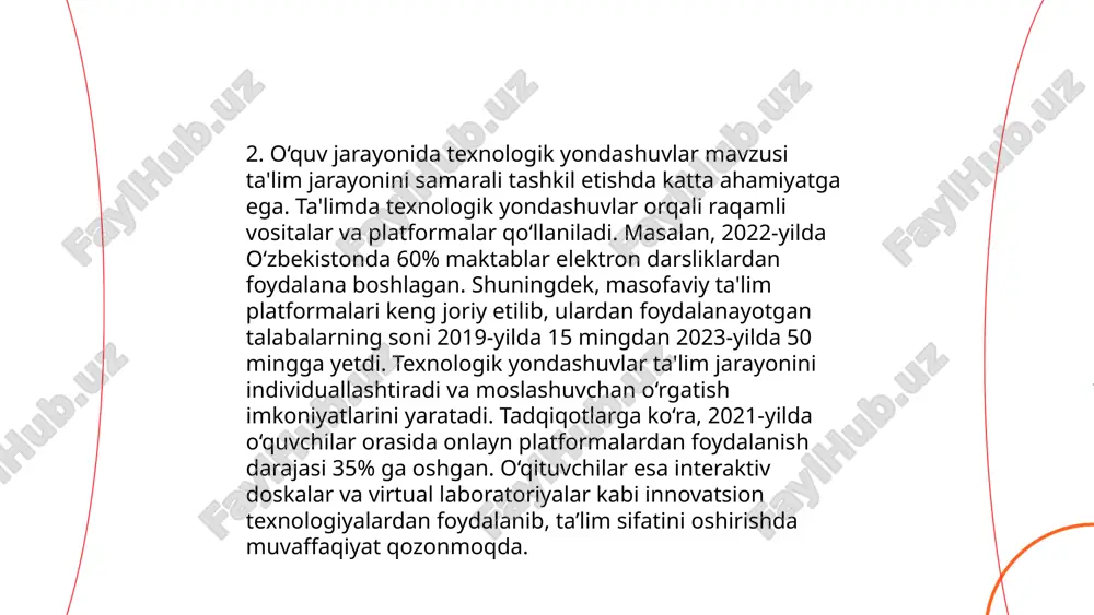 samaradorlikni oshirish uchun juda muhimdir. 21-asrda texnologiyalarning rivojlanishi bilan birga o'qitish usullarini modernizatsiya qilish zarurati tug'ilgan. zamonaviy pedagogik metodlar, masalan, kollaborativ o'qitish, problemalar asosida o'qitish (pbl) va differensiallangan ta'lim, interaktiv ta'lim vositalari bilan qo'llanilganda samaradorlikni oshiradi. o'qituvchilar zamonaviy texnologiyalardan, masalan, virtual sinflar, onlayn resurslar va ta'lim platformalaridan foydalangan holda, o'quvchilarning qiziqishini oshirishi mumkin. statistik ma'lumotlarga ko'ra, texnologiyalar bilan qo'shilgan ta'limda o'quvchilarning bilim olish darajasi 30-40% ga oshadi. shu tarzda, pedagogik metodlar va texnologik qo'llanmalar uyg'unligi ta'lim sifatini oshirishga yordam berishi mumkin. ... t.me/slaydai_bot ta'limda shaxsiylashtirilgan yondashuv o‘quvchilarning individual ehtiyojlari, qiziqishlari va o‘rganish uslublariga mos ravishda o‘quv jarayonini tashkil qilishni maqsad qilgan. statistikaga ko‘ra, shaxsiylashtirilgan yondashuv orqali 70% o‘quvchilar o‘zlashtirishi yaxshilanadi. texnologiyalar bu yondashuvni qo‘llab-quvvatlashda muhim rol o‘ynaydi. masalan, onlayn platformalar va sun'iy intellekt asosidagi tizimlar o‘quvchilarning faolligini oshiradi va samaradorligini 60% gacha yaxshilaydi. 2023 yil holatiga ko‘ra, rivojlangan mamlakatlardagi maktablarning 80%i shaxsiylashtirilgan texnologiyalardan foydalanishni boshlagan. o‘quvchilar soni 1000 dan ortiq …