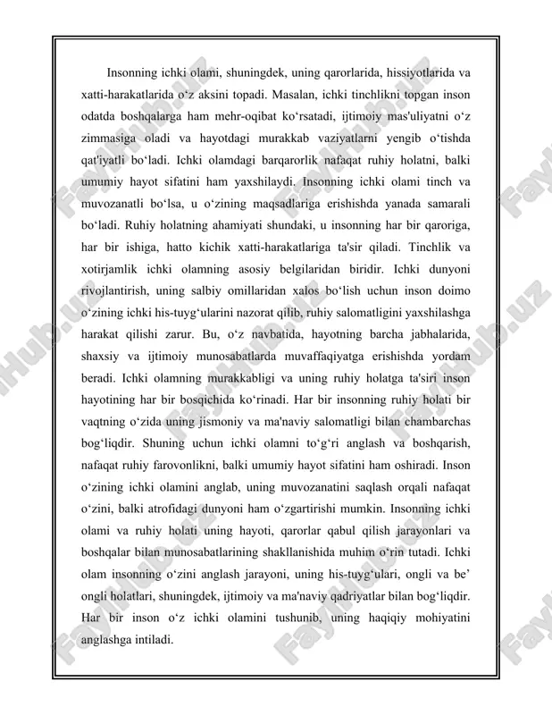 ashqi dunyoga nisbatan ham ko‘proq sabr-toqatli, mehribon va hurmatli bo‘lishi mumkin. bu, o‘z navbatida, jamiyatda tinchlik va barqarorlikni ta'minlashga yordam beradi. insonning ichki olami faqat uning shaxsiy rivojlanishiga emas, balki uning jamiyatdagi o‘rniga, ijtimoiy aloqalariga va hayotdagi muvaffaqiyatiga ham ta’sir qiladi. 2. ilhom va ma'naviyat: qur'onning ilhom manbai sifatida roli va uning ma'naviyatga ta'siri. qur'on, islom dinining asosiy manbai sifatida, insonlarning ilhom olishida va ma'naviyatini yuksaltirishda beqiyos ahamiyatga ega. u nafaqat diniy ko‘rsatmalarni o‘z ichiga oladi, balki insonning qalbini, fikrini va ruhiyatini shakllantirishga xizmat qiluvchi o‘gitlar, hikmatlar va ilhom manbaidir. qur'ondagi oyatlar, nafaqat imonli insonlarga, balki barcha insonlarga hayotning haqiqiy ma'nosini tushunishga, yaxshi axloqni o‘rganishga, adolatni, tinchlikni va rahm-shafqatni targ‘ib qilishga chaqiradi. shu bilan birga, qur'on inson qalbini poklash, unga ma'naviy yuksalish yo‘lini ko‘rsatish va uni ruhiy izlanishlarga yo‘naltirishda asosiy yo‘ldoshdir. qur'onning ilhom manbai sifatida roli juda katta. har bir oyat yoki sura insonni o‘z hayotini to‘g‘ri yo‘lda boshqarishga, uning …