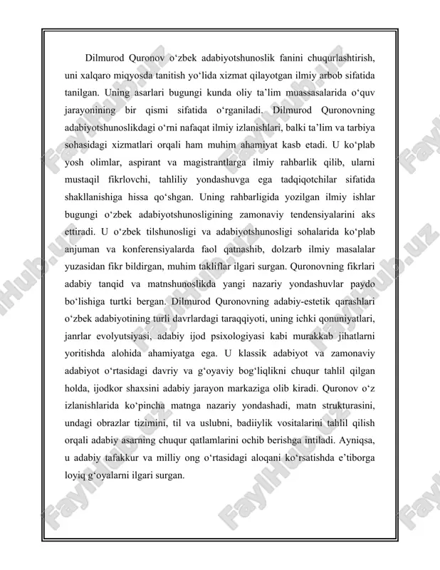 rining yozilish maqsadi va asosiy g‘oyalari. “cho‘lpon poetikasi” asari dilmurod quronovning o‘zbek adabiyotining buyuk namoyandalaridan biri – abdulla qodiriy, fitrat, va ayniqsa, cho‘lpon ijodini ilmiy-nazariy jihatdan chuqur o‘rganishga bo‘lgan intilishining samarasi hisoblanadi. ushbu asarning yozilish maqsadi – cho‘lpon ijodini, uning poetik tafakkurini, badiiy uslubini, estetik qarashlarini nazariy asosda yoritish, uni o‘z davri kontekstida ham, umuminsoniy g‘oyalar doirasida ham tahlil qilishdan iborat. asarda cho‘lpon ijodining poetik jihatlari, ya’ni she’riyati, obrazlar olami, til va uslub xususiyatlari, badiiy tafakkuri chuqur tahlil etilgan. muallif cho‘lponni shunchaki bir shoir sifatida emas, balki mustaqil adabiy maktab yarata olgan ijodkor, milliy adabiy tafakkurni yangilagan shaxs sifatida tasvirlaydi. uning she’riyatida aks etgan erkinlik, adolat, inson qadri, milliy o‘zlik, erkin fikrlash kabi g‘oyalarga alohida urg‘u beriladi. asarning asosiy g‘oyalaridan biri – cho‘lpon poetikasini zamonaviy adabiyotshunoslik mezonlari asosida o‘rganish, ya’ni uni klassik poetik an’analar bilan bog‘liq holda, lekin ayni paytda modernistik yondashuvlar orqali tahlil qilishdir. muallif cho‘lponning adabiy qarashlarini tahlil …