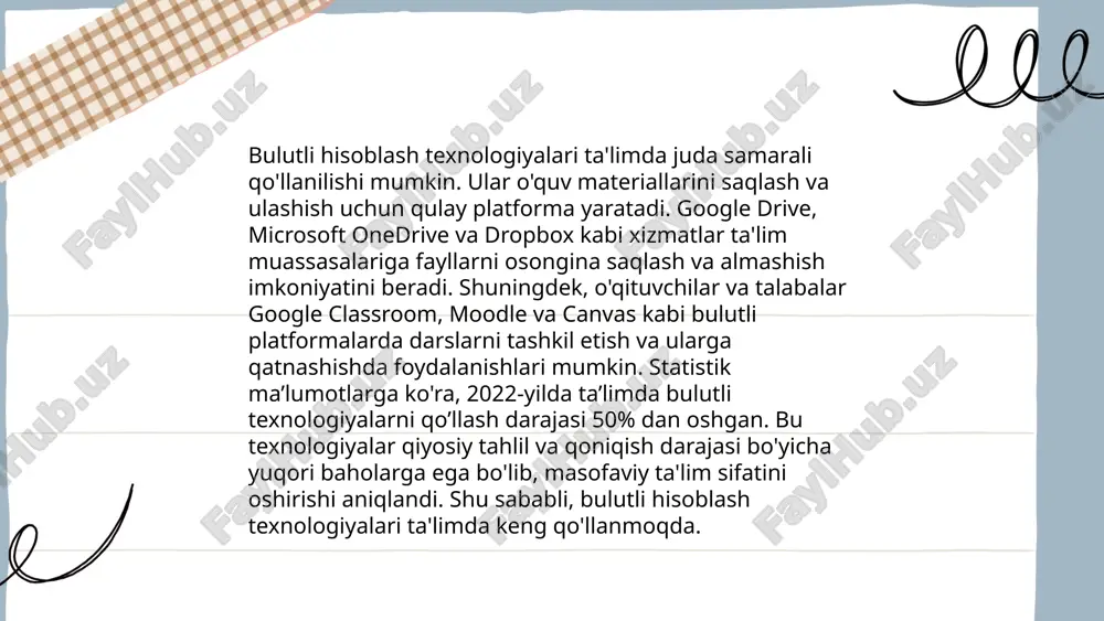 m sohasida xarajatlarni kamaytiradi, chunki infrastrukturaga sarmoya kiritish talab etilmaydi. statistik ma'lumotlarga ko'ra, 2023 yilda ta'lim sohasida bulutli xizmatlar bozori 25 milliard aqsh dollariga yetishi kutilmoqda. shu bilan birga, bu texnologiyalar ta'lim kontentining xavfsizligini va foydalanish qulayligini ta'minlaydi, bu esa o'quv jarayonini yanada samarali qiladi. ... t.me/slaydai_bot o'qituvchilar uchun bulut platformalari o'qitishni raqamlashtirishda muhim rol o'ynaydi. google classroom, microsoft teams va canvas kabi platformalar o'qituvchilarga darslarni boshqarish, materiallar almashish va talabalar bilan muloqot qilish imkonini beradi. masalan, google classroom 100 milliondan ortiq foydalanuvchiga ega va 30 dan ortiq tillarda xizmat ko'rsatadi. microsoft teams global miqyosda 250 milliondan ortiq faol foydalanuvchiga ega va ta'lim muassasalarining 91% ushbu platformadan foydalanadi. ushbu platformalar fayllarni bulutda saqlash, sinf faoliyatlarini rejalashtirish va uy vazifalarini tekshirishda qulaylik yaratadi. shu bilan birga, o'qituvchilar va o'quvchilar real vaqt rejimida o'zaro aloqada bo'lishlari mumkin, bu esa ta'lim jarayonining samaradorligini oshiradi. ... t.me/slaydai_bot bulutli texnologiyalar yordamida maruza va seminarlarni tashkil …