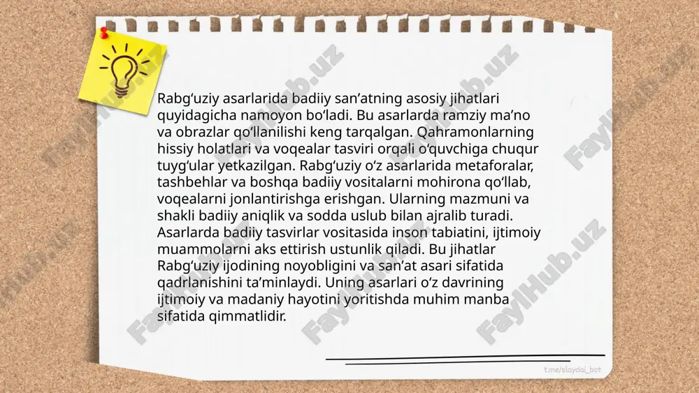 klarni, ijtimoiy muammolarni yoki hokimiyatdagi nohaqliklarni tanqidiy va kulgili usulda ochib berishga xizmat qiladi. bu elementlar orqali mualliflar jamiyatdagi kamchiliklarga e'tibor qaratadilar va o'quvchilarni chuqurroq o'ylashga undaydilar. satira qissa janrida ko'pincha ramziy obrazlar va o'xshatishlar vositasida namoyon bo'ladi, bu esa muallifga o'z fikrini yanada kuchliroq yetkazishga imkon beradi. o'zbek adabiyotida abdulla qodiriy, g'afur g'ulom kabi yozuvchilar o'z ijodlarida satirik elementlardan unumli foydalanganlar. masalan, abdulla qodiriyning "o'tkan kunlar" asarida feodal jamiyatning nuqsonlarini satirik ruhda ochib beradi. bu kabi asarlar jamiyatga o'zini tahlil qilish va o'zgarishlarga chora ko'rish uchun rag'bat beradi. "qissasi rabgʻuziy"da kichik janrlar badiiyati qoʻldosheva sevinch e'tiboringiz uchun raxmat! image1.png image2.png image3.png image4.jpeg image5.png image6.jpeg image7.jpeg
