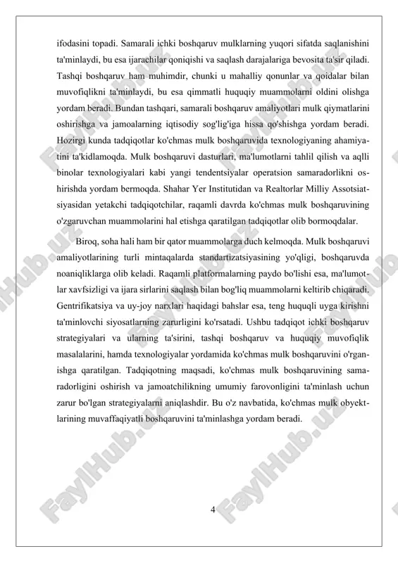 anib, ularning fikr-mulohazalarini eshitishlari, shuningdek, ijarachilarga xizmat ko'rsatish sifatini oshirish uchun zarur bo'lgan harakatlarni amalga oshirishlari kerak. masalan, ijarachilarning ehtiyojlariga mos ravishda, ular uchun yangi xizmatlar va qulayliklar taqdim etish orqali, ijarachilar bilan aloqalarni mustahkamlash mumkin. uchinchidan, moliyaviy monitoring ichki boshqaruv strategiyalarining muhim qismi hisoblanadi. mulkni boshqarish jarayonida xarajatlarni nazorat qilish, ijaraga berishdan tushumlarni tahlil qilish va moliyaviy hisobotlarni tayyorlash orqali mulk egalari o'z moliyaviy holatini yaxshilashlari mumkin. buning uchun, zamonaviy moliyaviy tahlil usullaridan foydalanish va xarajatlarni optimallashtirishga qaratilgan strategiyalar ishlab chiqish zarur. masalan, ko'chmas mulk obyektlari uchun xarajatlarni kamaytirish va daromadni oshirish maqsadida energiya samaradorligini oshirish yoki xizmat ko'rsatish xarajatlarini optimallashtirish mumkin. ichki boshqaruv strategiyalarining ta'siri ko'plab tadqiqotlarda ko'rsatilgan. samarali ichki boshqaruv strategiyalari yordamida ko'chmas mulk obyekti ijarachilarining qoniqishi 30% dan 50% gacha oshishi mumkin. shuningdek, yaxshi ichki boshqaruv amaliyotlari mulk qiymatini oshirishga va ijarachilarning uzluksiz qoniqishini ta'minlashga yordam beradi. bu esa, o'z navbatida, mulk egalarining investitsiya qobiliyatini oshiradi …