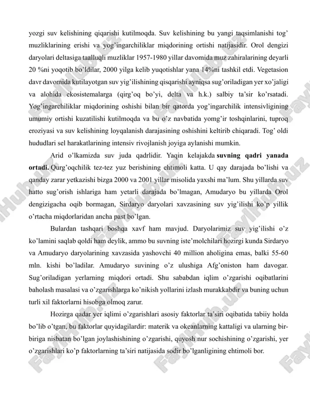 cha taqsimlanishi jihatidan ideal daryodir, suv toshqinlarining cho’qqisi iyul oyiga to’g’ri keladi. issiqlashuv sharoitida amudaryoning qishki suv kelishining oshishi va yozgi suv kelishining qiqarishi kutilmoqda. suv kelishining bu yangi taqsimlanishi tog’ muzliklarining erishi va yog’ingarchiliklar miqdorining ortishi natijasidir. orol dengizi daryolari deltasiga taalluqli muzliklar 1957-1980 yillar davomida muz zahiralarining deyarli 20 %ni yoqotib bo’ldilar, 2000 yilga kelib yuqotishlar yana 14%ni tashkil etdi. vegetasion davr davomida kutilayotgan suv yig’ilishining qisqarishi ayniqsa sug’oriladigan yer xo’jaligi va alohida ekosistemalarga (qirg’oq bo’yi, delta va h.k.) salbiy ta’sir ko’rsatadi. yog’ingarchiliklar miqdorining oshishi bilan bir qatorda yog’ingarchilik intensivligining umumiy ortishi kuzatilishi kutilmoqda va bu o’z navbatida yomg’ir toshqinlarini, tuproq eroziyasi va suv kelishining loyqalanish darajasining oshishini keltirib chiqaradi. tog’ oldi hududlari sel harakatlarining intensiv rivojlanish joyiga aylanishi mumkin. arid o’lkamizda suv juda qadrlidir. yaqin kelajakda suvning qadri yanada ortadi. qurg’oqchilik tez-tez yuz berishining ehtimoli katta. u qay darajada bo’lishi va qanday zarar yetkazishi bizga 2000 va …