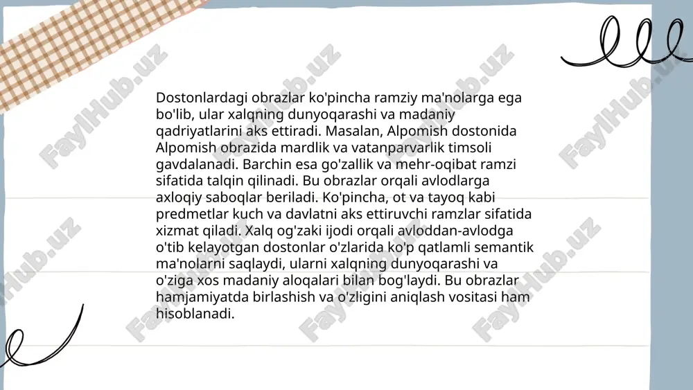 b masalalarini yoritib beradi." ... t.me/slaydai_bot o'zbek xalq rivoyatlari o'z ichiga boy madaniy-tarixiy merosni oladi. ushbu rivoyatlar zamonaviy madaniyatni o'stirishda ahamiyatli rol o'ynaydi. rivoyatlarni yangi ramzlar bilan boyitish, ularning zamonaviy o'quvchilar uchun yanada jozibador bo'lishiga yordam beradi. bu, bir tomondan, yosh avlodni milliy qadriyatlarni o'rganishga jalb qilsa, ikkinchi tomondan, rivoyatlarning tarbiyaviy ahamiyatini oshiradi. masalan, 21-asr texnologiyalaridan foydalanib, rivoyatlarga animatsiya va interaktiv elementlarni qo'shish mumkin. yetkazilgan yangi ramzlar milliy identitetni mustahkamlashga xizmat qiladi. shu tariqa, xalq uchun muhim bo'lgan tajribalar va hayotiy saboqlar saqlanib qoladi va yangi kontekstda tushuniladi. ... t.me/slaydai_bot dostonlardagi metaforalar odatda qahramonlarning his-tuyg'ularini va voqealar rivojini chuqurroq ifodalash uchun ishlatiladi. ushbu badiiy vosita orqali mualliflar abstrakt tushunchalarni konkret timsollar orqali ifoda etishadi. masalan, dostonlardagi "yer yuzidagi emas, ko'kdagi jang" kabi metaforalar kurashning shiddatini va jiddiyatini ko'rsatadi. yashirin ma'nolar esa o'quvchiga chuqurroq mazmun beradi, ayniqsa, turli xalq hikmatlari va falsafiy qarashlarini aks ettirishda xizmat qiladi. bu turdagi metaforalar dostonlarni …