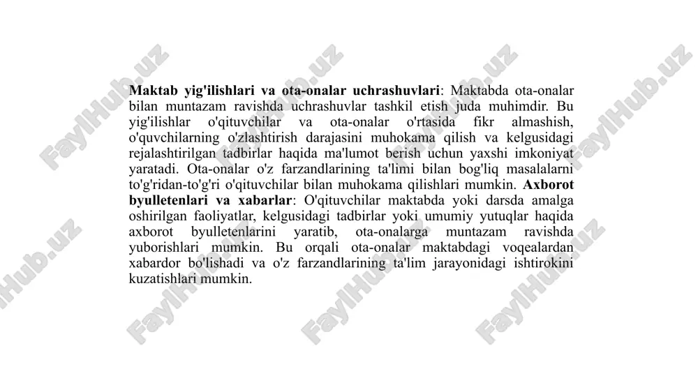 kllantirishda yordam beradi. 3. maktabda ota-onalarga yordam beruvchi maslahat xizmatlarini tashkil etish. maktabda ota-onalarga yordam beruvchi maslahat xizmatlarini tashkil etish, o'qituvchilar va ota-onalar o'rtasidagi hamkorlikni rivojlantirish, bolalarning ta'limini yaxshilash va ularning ehtiyojlarini qondirishda muhim ahamiyatga ega. ota-onalar uchun maxsus maslahat xizmatlari, ularni ta'lim jarayoniga faol jalb qilish, psixologik va pedagogik yordam ko'rsatish, va farzandlarining rivojlanishini qo'llab-quvvatlashga yordam beradi. psixologik maslahat xizmatlari: ota-onalar uchun maktabda psixologik maslahat xizmatlarini yaratish, ularning farzandlari bilan munosabatlarini yaxshilash, bolalarining psixologik ehtiyojlarini tushunishga yordam beradi. psixologlar ota-onalarga farzandlarining ruhiy holatini, o'zaro munosabatlar va o'qishdagi qiyinchiliklar haqida maslahatlar berishi mumkin. bunday xizmatlar ota-onalarga bolalarining stress, xavotirlik yoki o'ziga bo'lgan ishonchsizlik kabi muammolarini hal qilishda yordam beradi. pedagogik maslahat xizmatlari: ota-onalarga bolalarining ta'lim jarayonini yaxshiroq tushunishga yordam berish uchun pedagogik maslahatlar berilishi kerak. bu xizmatlar ota-onalarga o'z farzandlarini ta'lim jarayonida qanday qo'llab-quvvatlash, o'qishdagi muvaffaqiyatlarni oshirish uchun qanday metodlarni qo'llash, o'qish bilan bog'liq muammolarni qanday hal qilish haqida maslahatlar …