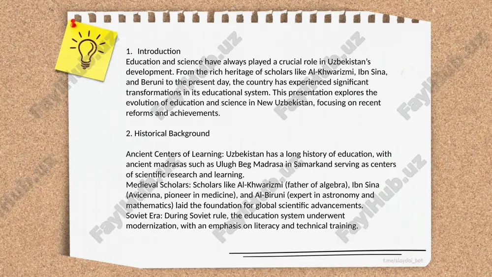 ossroads of tradition and innovation, preserving its rich academic heritage while embracing modern educational practices. the nation’s commitment to scientific and educational progress promises a brighter future, where young minds lead the way in global advancements ... t.me/slaydai_bot 7. innovations in uzbek science education uzbekistan has been focusing on modernizing its science education system through various innovations. in recent years, the government has implemented the steam (science, technology, engineering, arts, and mathematics) approach to enhance educational quality. approximately 3,000 schools have adopted the steam model, benefiting over 1 million students. initiatives include the introduction of robotics and coding classes, which are now part of the curriculum for students aged 12-18. the government has allocated around $100 million for upgrading science laboratories and purchasing digital teaching tools. furthermore, teacher training programs have been expanded, with over 20,000 educators participating in professional development workshops annually to stay updated with the latest teaching …