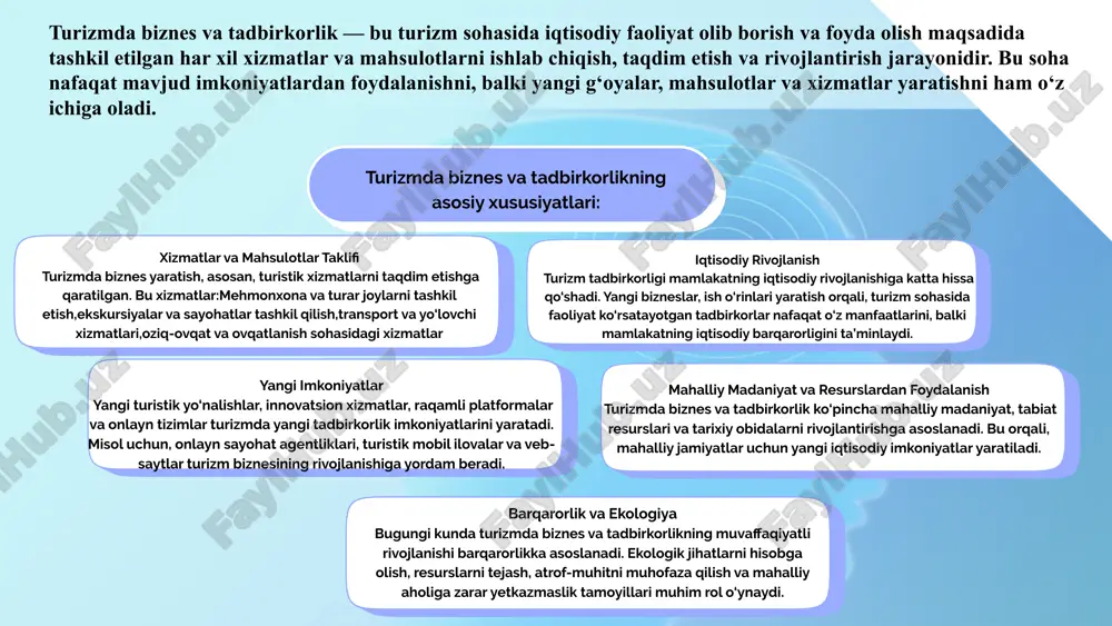 lik sohasida statistik ma'lumotlar: o'zbekiston turizm taqsimoti bahrayn turizm taqsimoti bahrayn: bahrayn, kuchli moliyaviy infratuzilmaga ega bo‘lgan kichik orol davlati sifatida, biznes va tadbirkorlik uchun xalqaro moliya markazi sifatida tanilgan. u, asosan, moliya, sanoat va xizmat ko‘rsatish sektorlari bilan shug‘ullanadi. bahrayn hukumati turizmni rivojlantirishga qaratilgan strategik rejalarni amalga oshirmoqda, shu jumladan yirik mehmonxona tarmoqlari va dam olish markazlari turizmda, bahrayn ko‘proq yuqori darajadagi biznes turizmi (konferensiyalar, seminarlar, ko‘rgazmalar)ni rivojlantiradi va ko‘proq ko‘p millatli biznes sayohatlarini jalb etadi bahraynning biznes va tadbirkorlik ekotizimi hukumatning yordamchi dasturlari, soliq imtiyozlari va ochiq bozorni taqdim etish orqali qo‘llab-quvvatlanadi. bu, ayniqsa, xalqaro kompaniyalar uchun juda qulay sharoit yaratadi. o‘zbekiston: o‘zbekistonning turizm sektori rivojlanishining asosi - mamlakatning madaniy va tarixiy boyliklarini taqdim etishdir. bu yerda qadimiy shaharlar, masalan, samarqand, buxoro, xiva va toshkentning me'moriy yodgorliklari turizmni rivojlantirishda asosiy rol o'ynaydi. o‘zbekistonda turizm biznesi va tadbirkorligi kengayib bormoqda. yangi mehmonxona komplekslari, kurortlar, va turistik inshootlar qurilmoqda. so‘nggi …