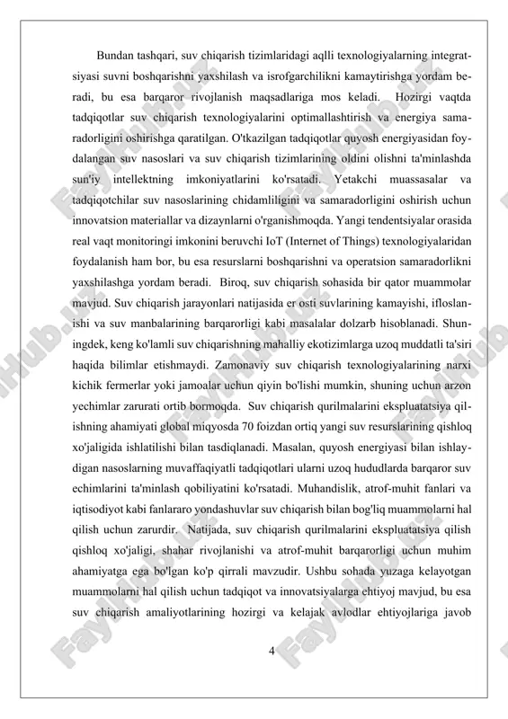 ik qishloqlarda yoki chekka hududlarda, an'anaviy usullar bilan suv chiqarishga qaratilgan. texnologiya rivojlanishi bilan bir qatorda, suv chiqarish usullarining samaradorligini oshirish uchun yangi innovatsion yondashuvlar paydo bo'lmoqda. misol uchun, quyosh energiyasi bilan ishlaydigan pompalar qishloq xo'jaligida suvni chiqarish va sug'orish jarayonida energiya xarajatlarini kamaytirishga yordam beradi. bunday tizimlar, ko'pincha, joylashuvi chekka va elektr ta'minoti muammosi mavjud bo'lgan mintaqalarda foydalaniladi. shuningdek, bu tizimlar ekologik jihatdan toza bo'lib, atrof-muhitga zarar yetkazmaydi. qishloq xo'jaligida suv chiqarish texnologiyalarining yanada takomillashtirilishi va samaradorligini oshirish uchun zamonaviy ilmiy tadqiqotlar olib borilmoqda. masalan, sun'iy intellekt va iot (internet of things) texnologiyalari yordamida suv chiqarish tizimlarining monitoringi va boshqaruvi amalga oshirilmoqda. bu tizimlar orqali real vaqt rejimida suv sarfini nazorat qilish va taklif etilgan suv resurslaridan oqilona foydalanish mumkin. shuningdek, bu texnologiyalar orqali suv chiqarish jarayonlaridagi nosozliklarni aniqlash va ularni oldini olish imkoniyati oshadi. biroq, suv chiqarish texnologiyalaridan foydalanishda ham ba'zi muammolar mavjud. masalan, yer osti suvlarining haddan …