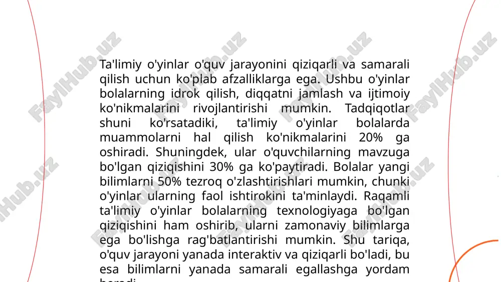 uslublar orqali o'yinlarning sifat darajasi va ommaviyligi aniqlanadi. o'yin platformalarida (masalan, steam yoki metacritic) bu uslublar keng qo'llaniladi, chunki ular foydalanuvchilarga turli fikrlar asosida qaror qabul qilish imkonini beradi. ... t.me/slaydai_bot o'yin dizayni va pedagogik strategiyalar ta'lim jarayonida samarali vositalardan biri hisoblanadi. o'yinlar ta'limni interaktiv va qiziqarli qilish orqali o'quvchilarning e'tiborini oshiradi va bilimlarni mustahkamlashga yordam beradi. tadqiqotlar shuni ko'rsatadiki, o'quvchilarning 70% qismi o'yin asosida o'qitiladigan materialni yaxshiroq o'zlashtiradi. pedagogik strategiyalarni o'yin dizayni bilan birlashtirish ta'limning individual ehtiyojlariga moslashganini ta'minlaydi va ko'nikmalarni rivojlantiradi. qurilmalarda foydalaniladigan o'quv o'yinlari interaktivlikni oshiradi va o'quvchilarning 68% gacha foydalanish darajasini ko'rsatadi. shu tarzda, o'yin dizayni va pedagogik strategiyalar zamonaviy ta'limda muhim rol o'ynaydi va o'quv jarayonini sezilarli darajada yaxshilaydi. ... t.me/slaydai_bot oʻyin asosli taʼlim (game-based learning) maktablarda oʻquvchilarning bilim olish jarayonini qiziqarli va samarali qilish uchun qoʻllaniladi. tadqiqotlar koʻrsatishicha, oʻyinlar oʻquvchilarning diqqatini 20% dan 40% gacha oshiradi. maʼlumotlarga koʻra, oʻyinlarda ishtirok etayotgan oʻquvchilarning oʻrganish darajasi …