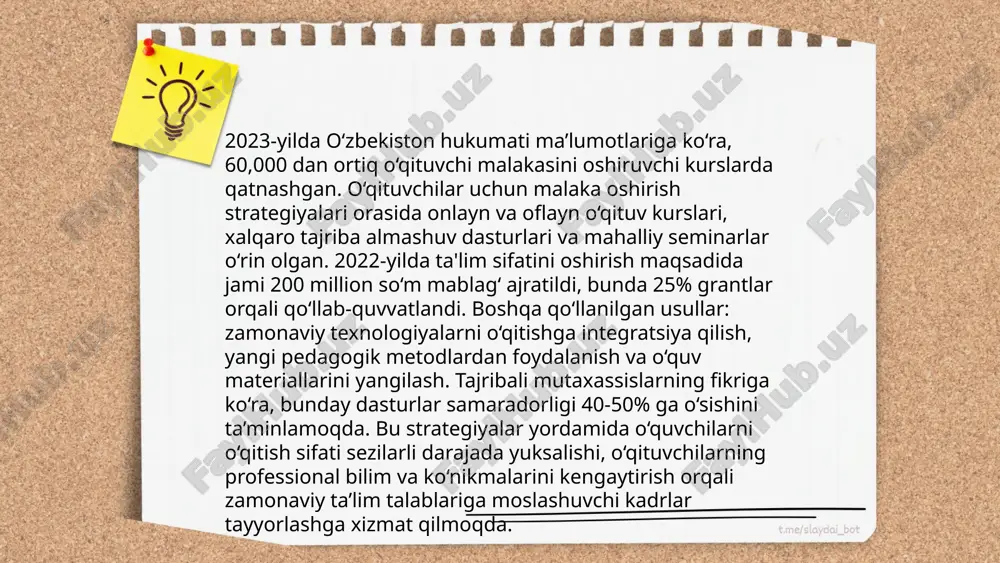 dan foydalanish, masalan, raqamli ta'lim platformalari orqali interaktiv darslar o'tkazish, talabalarning anglash qobiliyatini 30% ga oshirishga yordam beradi. shu bilan birga, kichik guruhli o'qitish usullari o'quv jarayonining samaradorligini 40% ga oshirishi mumkinligi aniqlangan. yana bir muhim omil - o'qituvchilarning doimiy malaka oshirishi bo'lib, bu ta'lim sifatini 25% ga yaxshilaydi. vaqtni samarali boshqarish ham muhim bo'lib, bu umumiy samaradorlikni 15-20% ga oshirishi mumkin. ... t.me/slaydai_bot 8. ta'lim muassasalarining moddiy bazasini rivojlantirish bo'yicha o'zbekistonda muhim chora-tadbirlar amalga oshirilmoqda. 2021-yilda davlat byudjetidan ta'lim sohasiga 13 trillion so'm ajratildi, bu esa infrastrukturani modernizatsiya qilish imkonini beradi. o'tgan yillarda 500 dan ortiq maktab kapital ta'mirlanib, 2000 dan ziyod yangi sinf xonalari qurildi. pedagoglar uchun 10000 dan oshiq kompyuter va boshqa texnika yetkazib berildi. 2022-yilgacha 2500 ta bola bog'chasi zamonaviy jihozlar bilan ta'minlandi. metodik bazani yaxshilash maqsadida 10 mingdan ortiq o'quv qo'llanmalari ishlab chiqarildi va tarqatildi. bu raqamlar ta'lim muassasalarining moddiy bazasini kuchaytirishga qaratilgan sa'y-harakatlarning natijasidir. …
