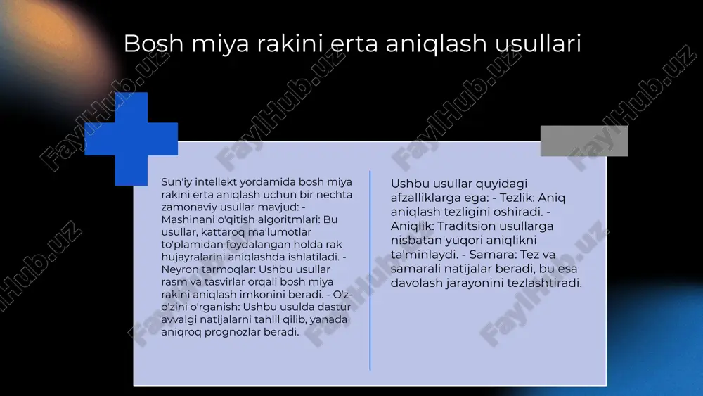 rta aniqlash va davolash jarayonlarini optimallashtirishga yordam beradi. kelajakda sun'iy intellekt yordamida kasalliklarni tez va aniq aniqlash, yangi sog'liq standartlarini belgilash imkoniyatlari mavjud. sun'iy intellekt tibbiyotga innovatsion yondashuvlar kiritadi, bemorlarning individual ehtiyojlarini inobatga olib, davolash jarayonlarini yaxshilaydi. xulosa sun'iy intellekt tibbiyotda muhim rol o'ynaydi. bosh miya rakini erta aniqlashda innovatsion yechimlar taqdim etadi. bosh miya rakini aniqlashda sun'iy intellekt dasturlarining ishlash jarayoni osonlashadi va samaradorlikni oshiradi. bosh miya rak kasalliklarining statistikasi va tahlili, kasallikni erta aniqlash uchun zarur bo'lgan ma'lumotlarni taqdim etadi. sun'iy intellekt kelajakda yangi texnologiyalarni qo'llash orqali rivojlanishi kutilmoqda. foydalanilgan adabiyotlar 1. o'tkirjonov, i. a. sun'iy intellekt va bosh miya rakini aniqlash. tibbiyot va innovatsiyalar, 2022 2. qodirov, a. m. bosh miya rak kasalliklarining statistikasi va tahlili. tibbiyot ilmiy jurnali, 2021 3. murodov, b. a. sun’iy intellekt yordamida tahlil qilish: afzalliklar va imkoniyatlar. tibbiyot texnologiyalari, 2023 4. toshbekov, d. r. dasturiy vositalarning innovatsion yechimlari va foydalari. davlat va …