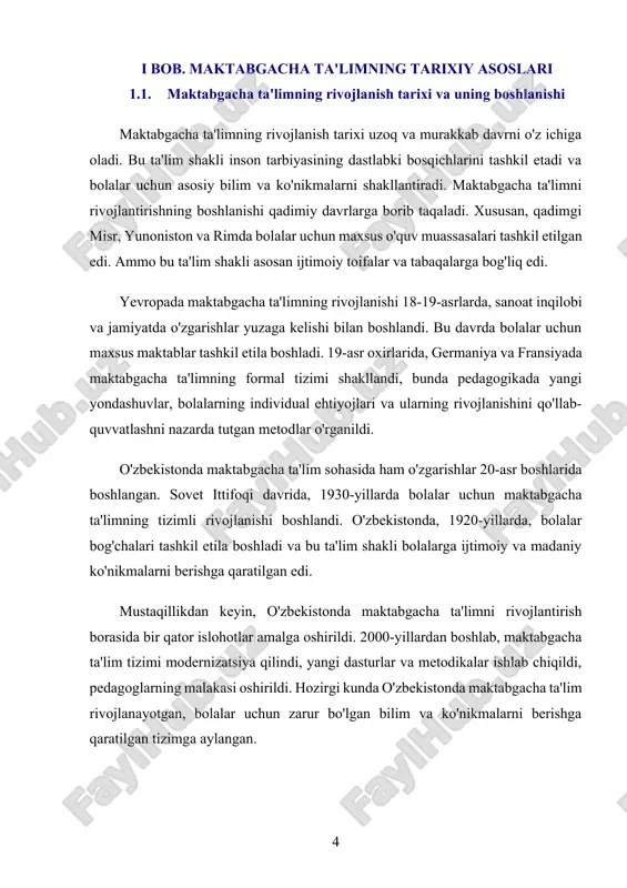 o'lib, u yoshlarning aqliy va jismoniy rivojlanishini qo'llab-quvvatlashga yo'naltirilgan. maktabgacha ta'limning shakllanishi asosan jamiyatning o'zgarishlari, iqtisodiy rivojlanish va pedagogik yondashuvlarning evolyutsiyasiga bog'liq bo'ldi. o'zbekistonda maktabgacha ta'limning rivojlanishi so'nggi yillarda muhim o'zgarishlarga guvoh bo'lmoqda. birinchi navbatda, maktabgacha ta'lim sohasida zamonaviy tendensiyalar ta'lim sifatini oshirish, pedagogik innovatsiyalarni joriy etish, bolalarning individualliklarini e'tiborga olish va ularning ijtimoiy hayotga tayyorlanishiga alohida e'tibor berishga qaratilgan. zamonaviy pedagoglar bolalarning kreatif fikrlashini rivojlantirish, til o'rganish qobiliyatini oshirish va jismoniy tarbiya bilan shug'ullanishda turli metodlar va texnologiyalarni qo'llashga intilishmoqda. shuningdek, maktabgacha ta'limning modernizatsiyasi bolalarni ertadan boshlab, raqamli texnologiyalar va interaktiv o'quv usullaridan foydalangan holda o'qitishni ham o'z ichiga oladi. bu esa, bolalarning shaxsiy rivojlanishiga keng imkoniyatlar yaratadi va ularning turli sohalarda muvaffaqiyatga erishishlariga yordam beradi. maktabgacha ta'limning zamonaviy rivojlanishi shuningdek, oilaning ta'lim tizimidagi o'rnini kuchaytirish, ularning ta'lim jarayoniga faol ishtirokini ta'minlashga qaratilgan chora-tadbirlarni amalga oshirishni ham o'z ichiga oladi. bu jarayonda ota-onalar va pedagoglar o'rtasidagi samarali hamkorlik muhim …