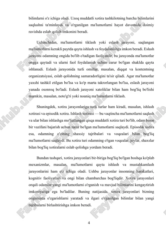 ushbu xotira turi odamning hozirgi vaqtda bajarilayotgan faoliyatlar uchun zarur bo'lgan ma'lumotlarni saqlaydi. misol uchun, telefonda raqamni yozish yoki biror o'qigan kitobdan qisqacha ma'lumotni eslab qolish uchun qisqa muddatli xotira ishlatiladi. qisqa muddatli xotira cheklangan hajmga ega. psixologlar tomonidan o'rganilganidek, qisqa muddatli xotira odatda 7 ± 2 elementni saqlay oladi, bu demak, odam faqat 5-9 ta ma'lumotni bir vaqtning o'zida eslab qolishi mumkin. agar bu ma'lumotlar ko'proq bo'lsa, ularni saqlash qiyinlashadi va natijada eslash jarayoni sekinlashadi yoki ma'lumotlar tezda unutiladi. misol uchun, biror kishining telefon raqamini eslab qolish yoki yangi bir telefon raqamini yodlash uchun qisqa muddatli xotira ishlatiladi. agar shu raqamni qayta ko'rib chiqsangiz, u uzoq muddatli xotiraga o'tishi mumkin. qisqa muddatli xotiraning yana bir xususiyati shundaki, u tez o'zgaradi. bu degani, yangi ma'lumotlar olingan sari eski ma'lumotlar tezda o'chiriladi. odamlar yangi ma'lumotlarni olishni boshlaganda, eski ma'lumotlar joyini yangi olingan ma'lumotlarga bo'shatadi. bu jarayonni "chayqalish" yoki "o'zgarish" deb atash …