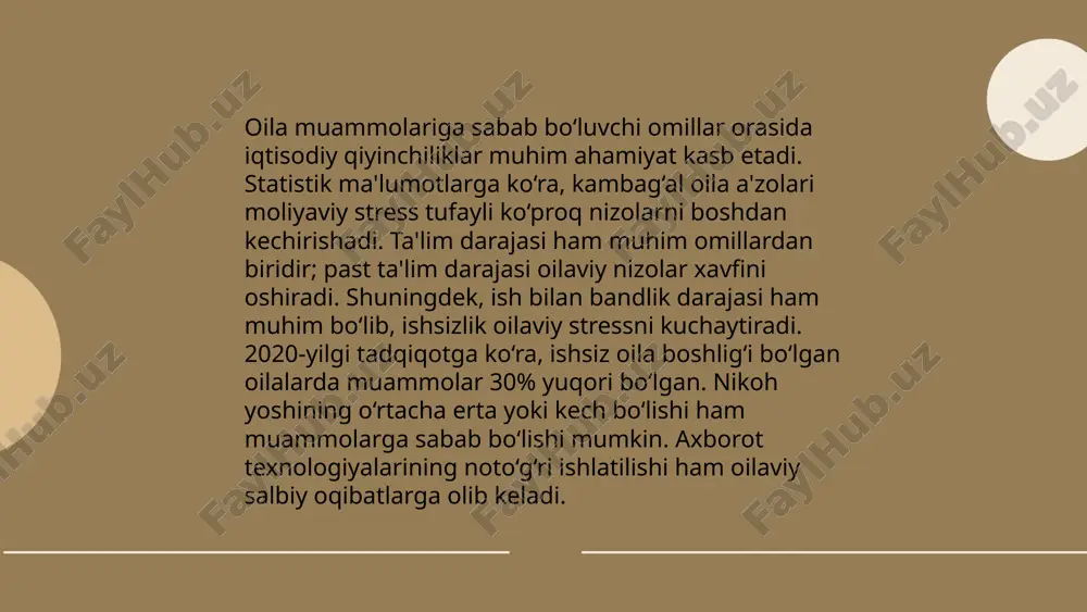 yetishmasligi va oilaviy majburiyatlarni bajarishdagi muvozanatsizlikdir. yana bir muhim omil – yoshlar oʻrtasida turmush oʻrtogʻi tanlashda notoʻgʻri qarorlar qabul qilinishi. oilalarni mustahkamlash maqsadida psixologik va ijtimoiy yordam dasturlari kerak. turli ma'lumotlarga koʻra, ajralishlarning kamida 20% befarzandlik bilan bogʻliq. 10. oila muammolarini hal etishda maslahat oila muammolarini hal etishda muhim qadamlar mavjud. avvalo, sog'lom muloqot o'tkazish kerak: oilaning barcha a'zolari o'z fikr va his-tuyg'ularini ochiq ifoda etishlari zarur. tadqiqotlar shuni ko'rsatadiki, tinglash qobiliyatini oshirish mojarolarni kamaytiradi. shuningdek, muammolarni birgalikda hal qilish usullarini izlash foydali bo'lishi mumkin. har oyda yoki har chorakda maxsus uchrashuvlar o'tkazish orqali muammolarni doimiy ravishda hal etish yo'lini topish mumkin. mutaxassislar oilalarning 70% dan ortig'i ushbu usullarni qo'llagan holda yaxshiroq natijalarga erishishlarini qayd etadilar. oilaviy maslahat amaliyotlari, shuningdek, sog'lom muhit yaratishga yordam beradi. oilaviy masalalarda psixologik yordam odatda hayot sifati va oila a'zolari orasidagi munosabatlarni yaxshilash uchun qaratilgan. psixologik maslahatlar oilalarga muloqot ko'nikmalarini oshirishda, nizolarni hal qilishda va …