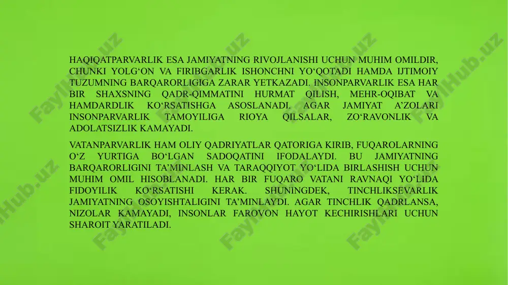 soblanadi. bu ikki fazilat o‘zaro chambarchas bog‘liq bo‘lib, halol mehnat qilgan inson albatta muvaffaqiyatga erishadi. halollik – insonning to‘g‘ri yo‘ldan borishi, hiyla va aldovdan uzoq yurishi, mehnatsevarlik esa har qanday sharoitda tinimsiz harakat qilish, intilish va bardavomlikdir. halollik insonning ichki pokligi bilan bog‘liq bo‘lib, u faqat moddiy manfaatlarga halol bo‘lishni emas, balki qalbda ham samimiy va sof bo‘lishni anglatadi. halol inson hech qachon o‘zganing haqini yemaydi, yolg‘on gapirmaydi, birovni aldashdan tiyiladi. u o‘z hayotini pok yo‘llar bilan qurishga intiladi, mehnati orqali o‘z o‘rnini topishga harakat qiladi. bunday kishilar jamiyatda hurmat qozonadi, ularga nisbatan ishonch yuqori bo‘ladi. ota-onalar farzandlariga yoshlikdan halollikni o‘rgatsa, kelajak avlod vijdonli va to‘g‘ri yo‘ldan yuruvchi insonlar bo‘lib yetishadi. 11 4. vatanparvarlik va insonparvarlikning tarbiyaviy ta’siri vatanparvarlik va insonparvarlik insonning ma’naviy kamoloti va jamiyatning rivojlanishida muhim o‘rin tutadigan fazilatlardan biridir. ular shaxsning dunyoqarashi, hayotga bo‘lgan munosabati va jamiyatga qo‘shadigan hissasini belgilaydi. vatanparvar inson o‘z yurtini sevadi, uning taraqqiyoti …