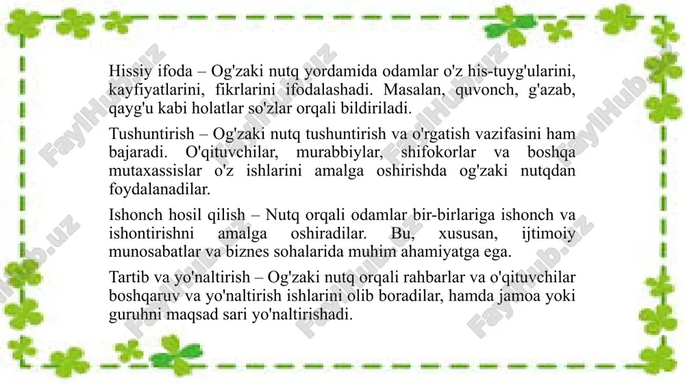 hikoya qilish, taassurotlarni ifodalash, vaziyatga qarab suhbatni davom ettirish kabi mashqlar berish mumkin. bu mashqlar o'quvchilarga o'z fikrlarini tezda va aniq ifodalashni o'rgatadi. darslarda o'quvchilarni nutqning turli shakllari bilan tanishtirish ham foydali bo'ladi. masalan, o'quvchilarni taqdimotlar, ma'ruzalar, va kichik debatlarda ishtirok etishga undash orqali ularning nutqiy ko'nikmalarini oshirish mumkin. bu jarayon o'quvchilarga nutqning aniq va ishonchli bo'lishi kerakligini, shuningdek, auditoriya bilan muloqot qilishning muhimligini tushuntiradi. bundan tashqari, o'quvchilarni didaktik vositalar yordamida og'zaki nutqni rivojlantirishga jalb qilish zarur. masalan, audio va video materiallar, hikoya qilish uchun kartochkalar, fikrni ifodalash uchun diagrammalar va rasmlar kabi vositalar yordamida o'quvchilarning fikrlarini to'g'ri tuzish va ifodalash ko'nikmalarini oshirish mumkin. bu usul o'quvchilarni yanada faol ishtirok etishga undaydi va og'zaki nutqni ta'sirli qilishga yordam beradi. ona tili darslarida og'zaki nutqni rivojlantirishda o'qituvchining roli juda muhim. o'qituvchi o'quvchilarga to'g'ri nutq ko'nikmalarini o'rgatish, ularni nutqdagi xatolarni tuzatishga va o'z nutqlarini tahlil qilishga o'rgatish zarur. o'qituvchi o'quvchilarga muloqot qilishda …