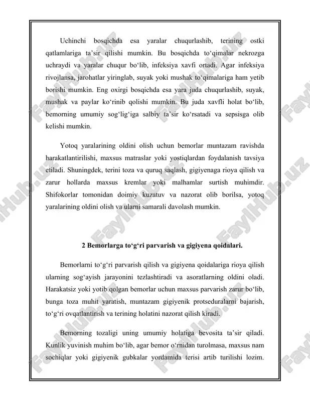 ri gigiyenasi va tozaligi teri va to‘qimalarni himoya qilishda birinchi navbatda gigiyena qoidalariga rioya qilish zarur. teri toza va qurib qolmasligi uchun uni muntazam ravishda yuvish kerak. buning uchun yumshoq sovunlar va iliq suvdan foydalanish tavsiya etiladi. harakatsiz bemorlar uchun terini nam sochiq yoki gigiyenik matolar yordamida artib turish lozim. bundan tashqari, terini zararlanishdan himoya qilish uchun sochiqni faqat o‘ziga tegishli qilib ishlatish, va doimiy ravishda toza saqlash kerak. 2. namlik va havo o'tkazuvchanligini ta'minlash teri qurishiga yo‘l qo‘ymaslik uchun uni namlash zarur. agar teri nam bo‘lsa, u o‘zining tabiiy himoya qatlamini saqlab qoladi. teri turli holatlarda, masalan, issiq yoki quruq havoda, tez quriydi. shuning uchun namlovchi krem yoki losyonlar yordamida terini oziqlantirish va nam saqlash muhimdir. teri nafaqat quruq havodan, balki haddan tashqari nam muhitdan ham zarar ko‘rishi mumkin, shuning uchun havo o'tkazuvchanligi yaxshi bo‘lgan kiyimlarni kiyish kerak. 3. quyoshdan himoya qilish quyosh nuri teriga zarar yetkazishi mumkin. uzoq …