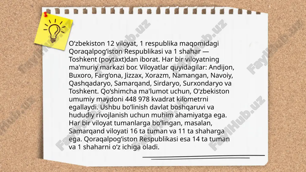 .me/slaydai_bot farg‘ona vodiysi o‘zbekiston, qirg‘iziston va tojikiston hududlarida joylashgan strategik ahamiyatga ega bo'lgan mintaqa. uning umumiymi 22 ming kvadrat kilometrni tashkil etadi. aholisi taxminan 14 million kishini tashkil qiladi, bu mintaqani markaziy osiyoning eng zich joylashgan hududlaridan biriga aylantiradi. vodiyning strategik ahamiyati koʻp jihatdan uning geografik joylashuvi, tabiiy resurslarga boyligi, qishloq xoʻjaligi uchun qulay sharoitlari va savdo yoʻlaklari bilan bogʻliq. fargʻona vodiysi ichki osiyo mintaqasidagi transport va logistika markazi hisoblanib, ipak yo‘liga oid qadimiy savdo yuritish nuqtasiga ega. ... t.me/slaydai_bot 10. amudaryo va sirdaryo daryolarining tarixiy ahamiyati amudaryo va sirdaryo oʻrta osiyo hududlarida joylashgan ikki yirik daryo boʻlib, tarixda katta ahamiyatga ega boʻlgan. amudaryo (yigʻindi uzunligi taxminan 2,540 km) va sirdaryo (uzunligi taxminan 2,212 km) koʻplab tarixiy davlatlarning rivojlanishida muhim rol oʻynagan. amudaryo va sirdaryo atrofidagi hududlar qadimda sugʻdiyona, xorazm va baqtriya kabi madaniyatlar markazi boʻlgan. ushbu daryolar sugʻorish tizimlari uchun asos boʻlib, qishloq xoʻjaligi va savdo-sotiq rivoji uchun imkon …