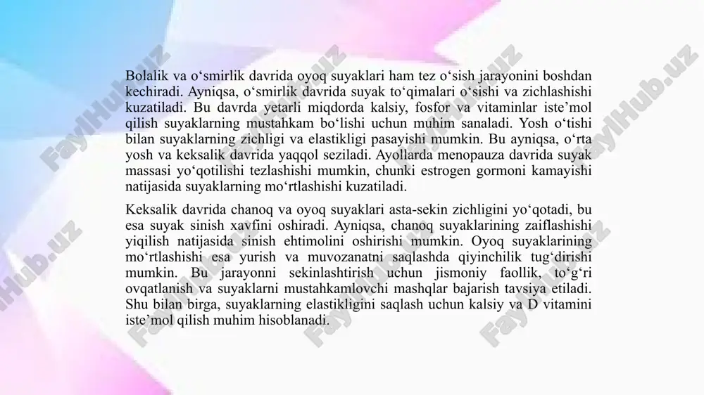 klarining deformatsiyasi, bo‘g‘imlarning eskirishi va umurtqa pog‘onasining egriligi kabi muammolar yuzaga kelishi mumkin. shu sababli, bunday kasblarda ishlaydigan insonlar maxsus himoya vositalaridan foydalanishi, ish vaqtida tana holatini to‘g‘ri saqlashi va suyaklarni mustahkamlovchi mashqlar bajarishi muhimdir. kam harakat talab qiladigan mehnat sharoitlari ham chanoq va oyoq suyaklariga salbiy ta’sir ko‘rsatishi mumkin. uzoq vaqt davomida o‘tirib ishlash suyaklarning zichligini kamaytiradi, qon aylanishini sekinlashtiradi va suyak to‘qimalarining oziqlanishini yomonlashtiradi. bu esa vaqt o‘tishi bilan suyaklarning mo‘rtlashishiga olib kelishi mumkin. masalan, ofis xodimlari, haydovchilar va doimiy o‘tirib ishlovchi kishilarda suyaklar zaiflashib, chanoq va oyoq mushaklari kuchsizlanadi. bunday holatda muntazam tanaffuslar qilish, yengil jismoniy mashqlar bajarish va suyaklar uchun foydali bo‘lgan oziq-ovqatlarni iste’mol qilish muhim hisoblanadi. jismoniy yuklamalarning suyaklar rivojlanishidagi roli juda katta. mehnat faoliyatida to‘g‘ri taqsimlangan jismoniy harakat suyaklarni mustahkamlashga yordam beradi. masalan, me’yorida bajariladigan mashqlar chanoq va oyoq suyaklarini elastik va chidamli saqlaydi. shu bilan birga, ortiqcha yuklamalar suyak va bo‘g‘imlarga zarar yetkazishi …