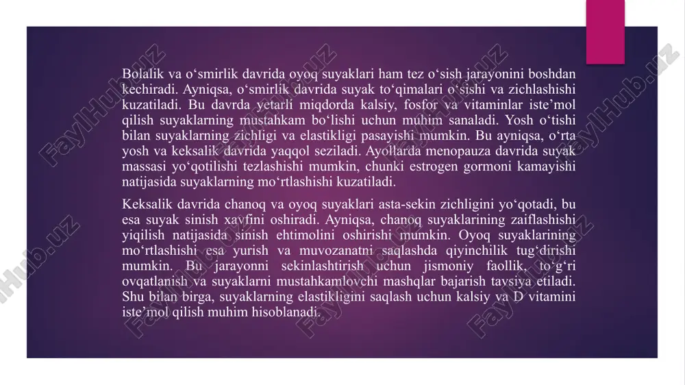 klarining deformatsiyasi, bo‘g‘imlarning eskirishi va umurtqa pog‘onasining egriligi kabi muammolar yuzaga kelishi mumkin. shu sababli, bunday kasblarda ishlaydigan insonlar maxsus himoya vositalaridan foydalanishi, ish vaqtida tana holatini to‘g‘ri saqlashi va suyaklarni mustahkamlovchi mashqlar bajarishi muhimdir. kam harakat talab qiladigan mehnat sharoitlari ham chanoq va oyoq suyaklariga salbiy ta’sir ko‘rsatishi mumkin. uzoq vaqt davomida o‘tirib ishlash suyaklarning zichligini kamaytiradi, qon aylanishini sekinlashtiradi va suyak to‘qimalarining oziqlanishini yomonlashtiradi. bu esa vaqt o‘tishi bilan suyaklarning mo‘rtlashishiga olib kelishi mumkin. masalan, ofis xodimlari, haydovchilar va doimiy o‘tirib ishlovchi kishilarda suyaklar zaiflashib, chanoq va oyoq mushaklari kuchsizlanadi. bunday holatda muntazam tanaffuslar qilish, yengil jismoniy mashqlar bajarish va suyaklar uchun foydali bo‘lgan oziq-ovqatlarni iste’mol qilish muhim hisoblanadi. jismoniy yuklamalarning suyaklar rivojlanishidagi roli juda katta. mehnat faoliyatida to‘g‘ri taqsimlangan jismoniy harakat suyaklarni mustahkamlashga yordam beradi. masalan, me’yorida bajariladigan mashqlar chanoq va oyoq suyaklarini elastik va chidamli saqlaydi. shu bilan birga, ortiqcha yuklamalar suyak va bo‘g‘imlarga zarar yetkazishi …