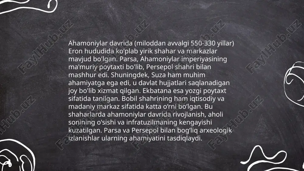 ini yo‘q edi, lekin diniy bag‘rikenglikka e’tibor qaratilgan. bu davrda ruhoniylar ijtimoiy hayotda muhim rol o‘ynagan. imperiyaning kengayishi bilan turli gonogoh va ibodatxonalar qurilgan. shu davrda ahamoniylar boshqa xalqlarning dinlariga nisbatan hurmat ko‘rsatgan. ... t.me/slaydai_bot ahamoniylar davrida markaziy osiyoda qishloq xo‘jaligi rivojlangan edi. bu davrda sug'orish tizimlari keng yoyilgan bo‘lib, ariqlar va kanallar yordamida yerlar sug'orilgan. asosiy ekinlar bug'doy, arpa va paxta edi. shug‘ullanadigan joylar, asosan, amudaryo va sirdaryo havzalari bo‘lib, bu yerlarda yiliga ikki marta hosil olish mumkin edi. o‘sha davrda qishloq xo‘jaligi hosildorligi yuqori bo'lib, bir gektardan 15-20 sentner bug'doy yetishtirilgan. taomlar tayyorlashda foydalanilgan sabzavot va mevalar ham xilma-xil bo'lib, tokzorlar va bog‘lar ahamiyatli o‘rin tutgan. boshoqli ekinlarni 60-70% ekin maydonini tashkil etgan. ... t.me/slaydai_bot 10. ahamoniylar davrida qimmatli metallar va savdo tarmoqlari ahamoniylar davrida (miloddan avvalgi 550-330-yillar) qimmatli metallar, masalan, oltin va kumush keng tarqalgan bo'lgan. dara i davrida zarrin nomli oltin tangalar zarb qilingan. savdo tarmoqlari …