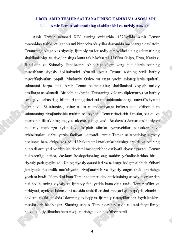 va iqtisodiy siyosatlarga katta e'tibor qaratgan. temur saltanati asosiy qismlaridan biri o'zi boshqarayotgan hududlarda siyosiy barqarorlikni ta'minlash, jamiyatda fuqarolik ongini shakllantirish va siyosiy faoliyatni rag'batlantirishga intilgan. temur o'zining harbiy muvaffaqiyatlari orqali juda keng hududlarni egallab, o'rta osiyo, eron, hindiston, kavkaz va boshqa mintaqalarda o'z saltanatini mustahkamladi. uning hukmronligi davrida davlatni markazlashtirish va o'z siyosiy hokimiyatini qudratli armiya yordamida mustahkamlashga muvaffaq bo'ldi. temur madaniyati, ilm-fan va san'at sohalariga ham alohida ahamiyat berdi, va o'zining siyosiy boshqaruvini samarali olib borishda ilmiy va madaniy markazlarni rivojlantirdi. samarqand, bu davrda ilm-fan va madaniyatning markaziga aylandi, ko'plab olimlar va san'atkorlar bu yerdan yetishdi. temur saltanati shakllanishining yana bir muhim jihati – islom dinining davlat tizimiga qo‘shgan hissasi edi. temur ta'lim va tarbiyani, ayniqsa islom asosida tashkil etishni o‘zining davlat siyosatida asosiy tamoyil sifatida belgilagan. islomning axloqiy va ijtimoiy tamoyillari temur hukmronligi ostidagi davlatda muhim o‘rin tutdi. bu esa, fuqarolik ongini rivojlantirish va siyosiy faoliyatga qiziqishni …