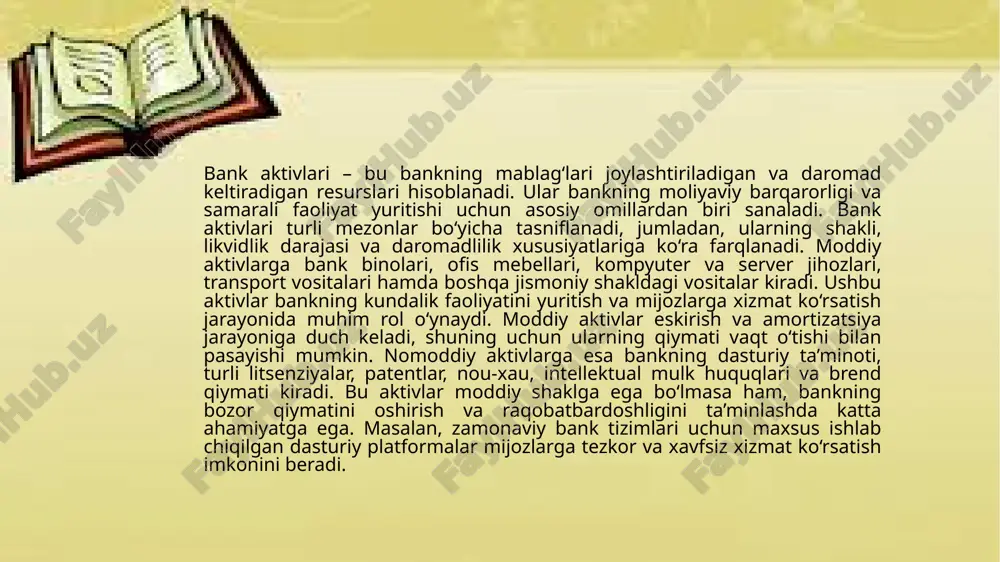 turli usullar qo‘llanadi. xarajat usuli aktivning yaratilishi yoki sotib olinishi uchun ketgan xarajatlar asosida baholanadi. masalan, dasturiy ta’minot yoki litsenziyalarning dastlabki qiymati ularning sotib olish yoki ishlab chiqish xarajatlariga bog‘liq bo‘ladi. bozor taqqoslash usuli shunga o‘xshash aktivlarning bozordagi qiymatiga asoslanadi. patentlar, litsenziyalar yoki intellektual mulk baholashda bu usuldan foydalanish mumkin. kelajakdagi daromad usuli esa aktivning bank uchun kelajakda olib keladigan foydasini hisobga olib, uning qiymatini aniqlashni nazarda tutadi. masalan, mijozlar bazasi yoki brend qiymati shu usul orqali baholanadi. etiboringiz uchun rahmat! image1.jfif image2.png image3.jpeg image4.jpeg