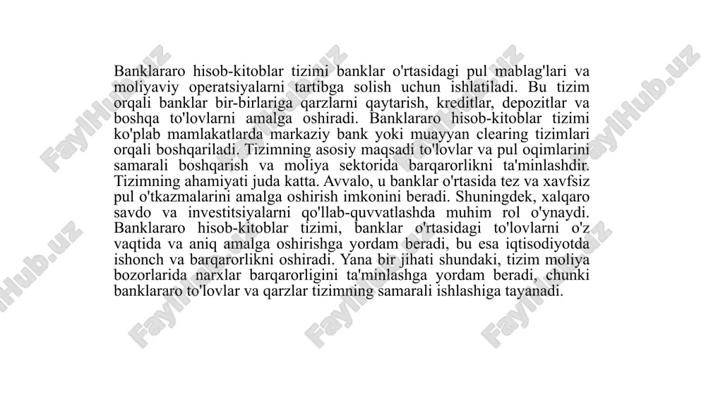 redit clearing tizimlari banklar o'rtasidagi qarzlarni hisoblash va qoplash jarayonini optimallashtiradi. bu tizimlar kreditlar va qarzlarni o'zgartirishni osonlashtiradi, shu bilan birga moliyaviy operatsiyalarni tez va aniq bajarishga imkon beradi. 3. banklararo hisob-kitoblarning huquqiy va moliyaviy asoslari. banklararo hisob-kitoblarning huquqiy asoslari, avvalo, mamlakatning moliyaviy qonunchiligi, markaziy bankning siyosati va xalqaro shartnomalarga asoslanadi. har bir mamlakatda banklar o'rtasidagi to'lovlar va hisob-kitoblarni amalga oshirishni tartibga soluvchi qonunlar mavjud. bu qonunlar banklarning faoliyatini muvofiqlashtiradi va moliyaviy bozorlarning xavfsizligini ta'minlashga yordam beradi. banklararo hisob-kitoblar bo'yicha amaldagi huquqiy normalar banklar o'rtasidagi shartnomalarni, to'lov tizimlarining ishlashini va iqtisodiy jarayonlarni aniqlaydi. moliyaviy asoslar, o'z navbatida, banklararo to'lovlar va hisob-kitoblarni amalga oshirishda moliya institutlarining moliyaviy barqarorligi va o'zaro ishonchni ta'minlashga yordam beradi. banklar, o'zaro to'lovlarni amalga oshirish uchun, likvidlik, kapital va risklarni boshqarish bo'yicha belgilangan talablarni bajarishlari kerak. banklararo hisob-kitoblar jarayonidagi risklar ham muhim ahamiyatga ega. bu risklar, ayniqsa, valyuta kurslaridagi o'zgarishlar, likvidlik muammolari yoki mamlakat ichidagi iqtisodiy inqirozlar …