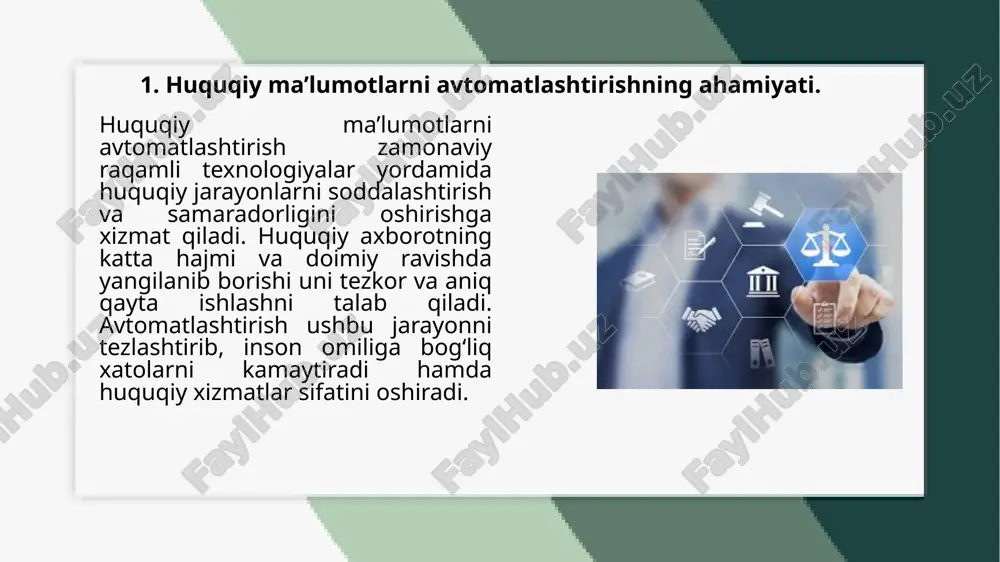 iya nashriyoti. akhmedov, a., & shukurov, r. (2021). huquqiy tizimlarni avtomatlashtirish: texnologiyalar va ilovalar. journal of law and technology, 15(3), 45-60. yuldashev, a. (2022). blokcheyn texnologiyalari va huquq: amaliy qo‘llanma. tashkent: intellektual rivojlanish nashriyoti. latiyev, z. (2018). natural tilni qayta ishlash va huquqiy matnlar: nazariya va amaliyot. tashkent: o‘zbekiston huquqshunoslik instituti. karimov, i. (2023). bulutli texnologiyalar va huquqiy tizimlarda ularning roli. tashkent: informatika va texnologiyalar markazi. image1.png image2.jpeg image3.jpeg