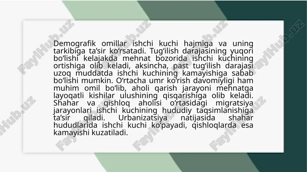 chining sifatini va uning mehnat bozoridagi raqobatbardoshligini belgilaydi. yuqori malakali ishchilar mehnat bozorida talabgor bo‘lib, ularning ishlash imkoniyatlari kengayadi. ta’lim darajasining ortishi ishlab chiqarish unumdorligini oshirib, innovatsion texnologiyalarni joriy etish imkoniyatlarini yaratadi. malakali ishchi kuchiga bo‘lgan ehtiyojning ortishi, ayniqsa, texnik va ilmiy sohalarda, malaka oshirish dasturlarini talab qiladi. ta'lim va malaka darajasi ishchi kuchining sifatini belgilovchi muhim omil bo‘lib, iqtisodiyotning rivojlanishiga bevosita ta’sir qiladi. yuqori ta’lim va ixtisoslashgan malakaga ega ishchilar mehnat bozorida ko‘proq imkoniyatlarga ega bo‘ladi. malaka oshirish kurslari va kasbiy ta'lim dasturlari yangi texnologiyalarni joriy etish va ishlab chiqarish jarayonlarini optimallashtirish uchun zarur. kam ta’limli yoki malakasiz ishchilar esa kamroq maosh oladi va mehnat bozorida talabgor bo‘lishi qiyinlashadi. shuningdek, ta’lim darajasining oshishi yoshlar orasida yangi ish o‘rinlari yaratish imkoniyatlarini kengaytiradi va ularning iqtisodiy faoliyatga qo‘shgan hissasini oshiradi. ta'lim va malaka darajasi ishchi kuchining samaradorligi va mehnat bozoridagi yuksalishini belgilaydi. yuqori ta’limga ega va malakali ishchilar ish joylarida tezroq …