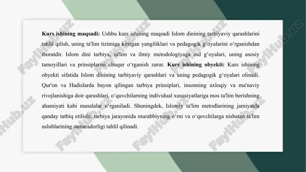 ’siri islomda inson tarbiyasiga jamiyat va atrof-muhitning ta’siri katta ahamiyatga ega deb qaraladi. farzandning yaxshi yoki yomon inson bo‘lib shakllanishida uning yashash muhiti va jamiyatdagi muhit hal qiluvchi omillardan biridir. qur’onda solih insonlar bilan birga bo‘lish va yomon muhitdan uzoq yurish haqida ko‘plab oyatlar kelgan. payg‘ambar muhammad (s.a.v.) ham yaxshi do‘st va jamiyatning inson tarbiyasiga ijobiy ta’siri haqida ta’kidlab, yomon muhitning zararlaridan ogohlantirgan. agar inson yaxshi muhitda ulg‘aysa, ezgulik, adolat va halollik tamoyillariga amal qiladigan shaxsga aylanadi. islom ta’limotida inson tarbiyasida jamiyat va atrof-muhit muhim o‘rin tutadi. inson tabiatan o‘zgalar bilan muloqotda bo‘lib, ular ta’sirida shakllanadi. qur’onda yaxshi muhit va solih kishilar bilan do‘stlashish inson tarbiyasiga ijobiy ta’sir ko‘rsatishi ta’kidlangan. payg‘ambar muhammad (s.a.v.) ham insonning do‘stlari va jamiyati uning xulq-atvorini belgilashini uqtirgan. agar jamiyatda adolat, halollik va mehr-oqibat hukm sursa, unda insonlar ham komil shaxs bo‘lib yetishadi. aksincha, yomon muhit axloq buzilishiga, yomon odatlarga va gunohlarga yetaklashi mumkin. shuning uchun …
