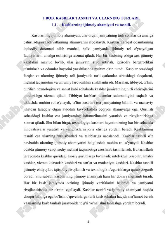yalar yaratishga, ma'naviy va madaniy rivojlanishga ham ta'sir ko'rsatadi. kasblar tasnifi esa har bir kasbning xususiyatlari, ularning talab qiladigan malakasi va jamiyatdagi roli asosida belgilanadi. kasblar tasnifida, odatda, ish faoliyatining xususiyatlari va ijtimoiy ahamiyatiga qarab turli guruhlar ajratiladi. ba'zi kasblar jamiyatda ijtimoiy xizmatlarni ta'minlaydi, boshqalari esa ishlab chiqarish jarayonlarida ishtirok etadi. har bir kasb o'ziga xos bilim va ko'nikmalarni talab qiladi va o'zining muhim ijtimoiy roli bilan jamiyatda o'rin tutadi. kasblarning tasnifi ijtimoiy va iqtisodiy ehtiyojlarga javob berishga yordam beradi. ular mehnat bozorining turli sohalarida, insonlarning ehtiyojlariga qarab, malakali ishchi kuchini shakllantirishga imkon yaratadi. kasblarning tasnifi jamiyatni samarali rivojlantirish uchun zarur bo'lgan mutaxassisliklar va bilimlar asosida tashkil etiladi. kasblarning ijtimoiy ahamiyatini tushunish, shuningdek, o'quvchilarga kasb tanlashda o'z yo'nalishlarini aniqlashda yordam beradi. kasbga oid bilimlar va ko'nikmalarni o'zlashtirish jarayonida o'quvchilarga kasb tanlashda to'g'ri qarorlar qabul qilishda muhim yo'nalishlarni ko'rsatish hamda mehnat bozorining ehtiyojlarini inobatga olish zarur. kasblarning ijtimoiy ahamiyati ayniqsa, mehnat …