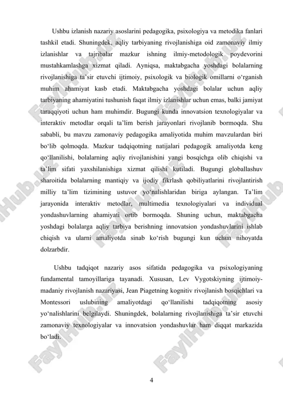 may, bolalarning ijtimoiy va hissiy rivojlanishini ham qo‘llab-quvvatlaydi. bu orqali bolalar muloqot qilish, o‘z fikrlarini ifodalash va jamoadagi vazifalarni bajarishda faol ishtirok etishga o‘rganadilar. shu sababli, aqliy tarbiya maktabgacha ta’limning ajralmas qismi hisoblanadi. aqliy tarbiya bolalarning intellektual qobiliyatlarini rivojlantirishga yo‘naltirilgan tizimli jarayon bo‘lib, u mantiqiy fikrlash, muammoni hal qilish, ijodkorlik va kuzatuvchanlikni shakllantirishni maqsad qiladi. ushbu tarbiya jarayonida bolalarning o‘z bilim va tajribalarini kengaytirish, atrof-muhitni anglash, o‘z-o‘zini baholash va mustaqil qaror qabul qilish qobiliyatlarini rivojlantirishga alohida e’tibor qaratiladi. aqliy tarbiya orqali bolalar faqat o‘qitilmay, balki ular ongli faoliyatga jalb qilinadi. bu jarayon ularga fikrlarni tizimlashtirish, tushunchalarni umumlashtirish, mantiqiy aloqalarni tushunish va o‘z tasavvurlarini reallikka tatbiq etish imkonini beradi. aqliy tarbiya muloqot, tajriba va o‘yin orqali bolalarda bilimlarni ongli ravishda o‘zlashtirishni ta’minlaydi. aqliy tarbiya bolalarning yosh xususiyatlari va individual ehtiyojlarini hisobga olgan holda tashkil qilinadi. bu jarayonda pedagoglar va ota-onalar birgalikda ishlashi muhimdir, chunki bolalar faqat ta’lim muassasalarida emas, balki oilada …