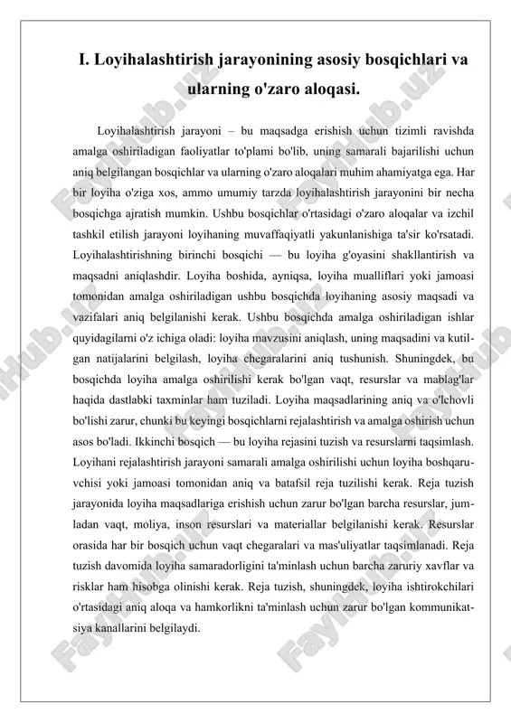 dam beradi. bunday nazorat orqali loyiha jarayonida kelib chiqishi mumkin bo'lgan xatoliklar tezda tuzatiladi, bu esa loyihaning muvaffaqiyatli yakunlanishini ta'minlaydi. monitoring natijalari doimiy ravishda hujjatlashtiriladi, bu esa loyiha boshqaruvchilari uchun qarorlar qabul qilishda yordam beradi. beshinchi bosqich — loyiha natijalarini baholash va yakunlash. loyihaning yakunlanishidan so'ng, loyiha boshqaruvchisi yoki jamoasi loyihaning umumiy natijalarini baholaydi va barcha ishlar yakunlanganligini tekshiradi. loyihani yakunlashda bajarilgan ishlar, maqsadlarga erishilganligi, resurslarning samarali ishlatilishi va qoldirilgan mehnat haqida tahlil o'tkaziladi. loyiha natijalarini baholash jarayonida loyiha muvaffaqiyatini o'lchash, taqdim etilgan mahsulot yoki xizmat sifatini baholash va kelajakda qanday yaxshilanishlar kiritilishi mumkinligini aniqlash muhimdir. shuningdek, loyiha yakunlangandan so'ng, loyiha ishtirokchilarining fikrlari va tajribalarini yig'ish va ularni keyingi loyihalar uchun foydalanish mumkin. loyihalashtirish jarayonidagi bosqichlar bir-biri bilan mustahkam aloqada bo'lib, har bir bosqichning muvaffaqiyati keyingi bosqichning muvaffaqiyatiga ta'sir ko'rsatadi. masalan, reja tuzish bosqichi loyiha maqsadlarini amalga oshirish uchun zarur bo'lgan barcha resurslarni belgilaydi, bu esa loyiha amalga oshirilishida samarali …