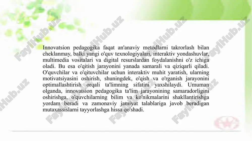 mkoniyatlarni yaratish uchun zarur ko‘nikmalarni berishga intiladi. birinchi navbatda, "project-based learning" (pbl) uslubi shaxsiy va jamoaviy rivojlanishni rag‘batlantiradi. ushbu tizimda o‘quvchilar haqiqiy hayotdagi muammolarni hal qilish uchun loyiha ishlari orqali o‘rganadilar. bu metod yoshlarni ijodiy fikrlash, muammolarni tahlil qilish va ularni hal etish uchun yangi g‘oyalar ishlab chiqishga o‘rgatadi. "design thinking" metodologiyasi ham o‘zgarishlarga moslashuvchanlikni va kreativ fikrlashni o‘rgatish uchun ishlab chiqilgan ta’lim tizimlaridan biridir. bu metod o‘quvchilarga ehtiyojlarni aniqlash, ijodiy yechimlar ishlab chiqish va foydali natijalarga erishish yo‘llarini ko‘rsatadi. o‘quvchilar o‘z fikrlarini tartibga solib, innovatsion yondashuvlar orqali yangi echimlar yaratishga o‘rgatiladi. shuningdek, "flipped classroom" (ayrim darslarni o‘zgartirilgan tarzda o‘tkazish) yondashuvi yoshlarni kreativ fikrlashni rivojlantirishda samarali bo‘lishi mumkin. ushbu tizimda o‘quvchilar uyda o‘zlari o‘rganadigan materiallar bilan tanishadilar, darsda esa o‘rganilgan ma’lumotni muhokama qilish va ijodiy fikr almashish orqali chuqurroq tushunishga harakat qiladilar. bu tizim yoshlarni mustaqil o‘rganish va ijodiy fikrlashga undaydi, shuningdek, ular o‘z o‘quv jarayonlarini boshqarish imkoniyatiga ega bo‘ladilar. …
