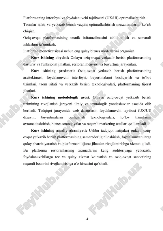 ulotlarini tanlab, buyurtma beradi. buyurtma qilingan mahsulotlar, odatda, restoranlar, do'konlar yoki maxsus yetkazib berish kompaniyalari tomonidan yig'iladi. mahsulotlar tayyorlangach, ular kur'erlar tomonidan belgilangan manzilga etkazib beriladi. bu jarayon tez va samarali amalga oshiriladi, chunki kur'erlar bir nechta buyurtmalarni bir vaqtda amalga oshirishi mumkin. onlayn oziq-ovqat yetkazib berish tizimlari dastlab katta shaharlarda keng tarqalgan bo'lsa-da, hozirda kichik hududlarda ham tez rivojlanmoqda. tizimlar nafaqat foydalanuvchilarga qulaylik yaratib, balki restoranlar va oziq-ovqat do'konlari uchun ham yangi biznes imkoniyatlarini taqdim etadi. ular yangi mijozlar topish, sotuvni oshirish va raqobatbardoshligini mustahkamlash imkoniyatiga ega bo'ladi. shuningdek, iste'molchilar uchun mavjud mahsulotlarning narxlari, sifatlari va turli xil variantlarini solishtirish osonlashadi. [image: ] 2 rasm() tizimlar o'zaro aloqani yanada osonlashtiradi. masalan, mobil ilovalar orqali foydalanuvchilar mahsulotlarni bir necha bosqichda tanlashlari va buyurtmalarini tezda amalga oshirishlari mumkin. yangi mahsulotlarni kashf qilish, maxsus takliflar va chegirmalarni olish, va hatto restoranlar yoki do'konlarning reytinglarini tekshirish imkoniyatlari tizimning bir qismi sifatida mavjud bo'lishi …