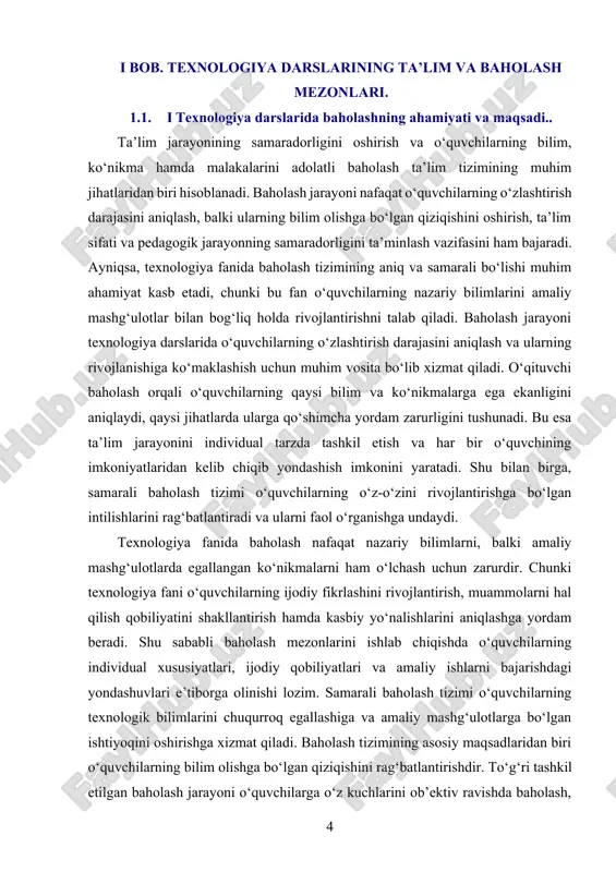 i nazorat, test sinovlari, amaliy ishlarni baholash kabi usullar o‘quvchilarning bilim va ko‘nikmalarini o‘lchashda keng qo‘llaniladi. biroq zamonaviy ta’lim tizimida baholashning yangi usullari ham qo‘llanilib, ular o‘quvchilarning mustaqil ishlash, ijodiy yondashish va muammolarni hal qilish qobiliyatlarini rivojlantirishga qaratilgan. masalan, loyiha ishi, portfoliolarga asoslangan baholash, o‘z-o‘zini baholash va hamkorlikda baholash kabi usullar texnologiya darslarida samarali qo‘llanilishi mumkin. loyiha asosida baholash usuli o‘quvchilarning nazariy bilimlarini amaliy qo‘llashiga imkon yaratadi. o‘quvchilar ma’lum bir mavzu bo‘yicha loyihalar tayyorlash orqali nafaqat bilimlarini mustahkamlash, balki jamoaviy ishlash, muammolarni hal qilish va ijodiy fikrlash qobiliyatlarini ham rivojlantiradilar. bu usul orqali o‘qituvchi o‘quvchilarning ijodiy yondashuvlarini kuzatishi, ularning mustaqil ishlash qobiliyatini baholashi va kamchiliklarni aniqlab, ularni bartaraf etish chora-tadbirlarini ishlab chiqishi mumkin. portfolioga asoslangan baholash usuli esa o‘quvchilarning dars davomida amalga oshirgan barcha ishlari, loyihalari, amaliy mashg‘ulotlari va yutuqlarini jamlab, ularning rivojlanish jarayonini baholash imkonini beradi. bu usul orqali o‘quvchilarning ma’lum bir davrdagi o‘zgarishlari, takomillashish darajasi va mustaqil ishlash …