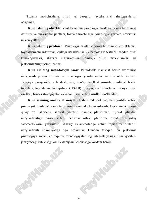 anuvchi kasb tanlash haqida ma’lumot olishni istasa, tizim uning qiziqishlari, bilim darajasi, bozor talabini inobatga olgan holda eng optimal kasblarni tavsiya qilishi mumkin. bunday tizim yoshlarning kelajakda muvaffaqiyat qozonishlari uchun muhim bo‘lib, ularga motivatsiya berish va yo‘l-yo‘riq ko‘rsatish imkoniyatini yaratadi. masalan, agar foydalanuvchi stress yoki depressiya kabi psixologik muammolarga duch kelsa, tizim unga kerakli maslahatlarni taqdim etadi yoki malakali mutaxassislarga murojaat qilishni tavsiya qiladi. shuningdek, moliyaviy savodxonlikni oshirish uchun tizim foydalanuvchilarga byudjet tuzish, sarmoya kiritish yoki iqtisodiy xavfsizlik haqida tavsiyalar beradi. yoshlar uchun maslahatchi tizimi shaxsiylashtirilgan tajribani ta’minlaydi. u foydalanuvchining oldingi so‘rovlarini eslab qoladi va unga mos keluvchi yangi maslahatlarni taklif qiladi. shuningdek, foydalanuvchilar o‘z natijalarini kuzatish va rivojlanishlarini baholash imkoniyatiga ega bo‘ladilar. masalan, agar foydalanuvchi o‘zining maqsadlariga erishish bo‘yicha muayyan rejalar tuzsa, tizim uning taraqqiyotini kuzatib borishi va kerak bo‘lsa, qo‘shimcha tavsiyalar berishi mumkin. bunday tizimning afzalliklaridan biri uning 24/7 ishlashi va istalgan joydan foydalanish imkoniyatidir. shuningdek, u anonim …