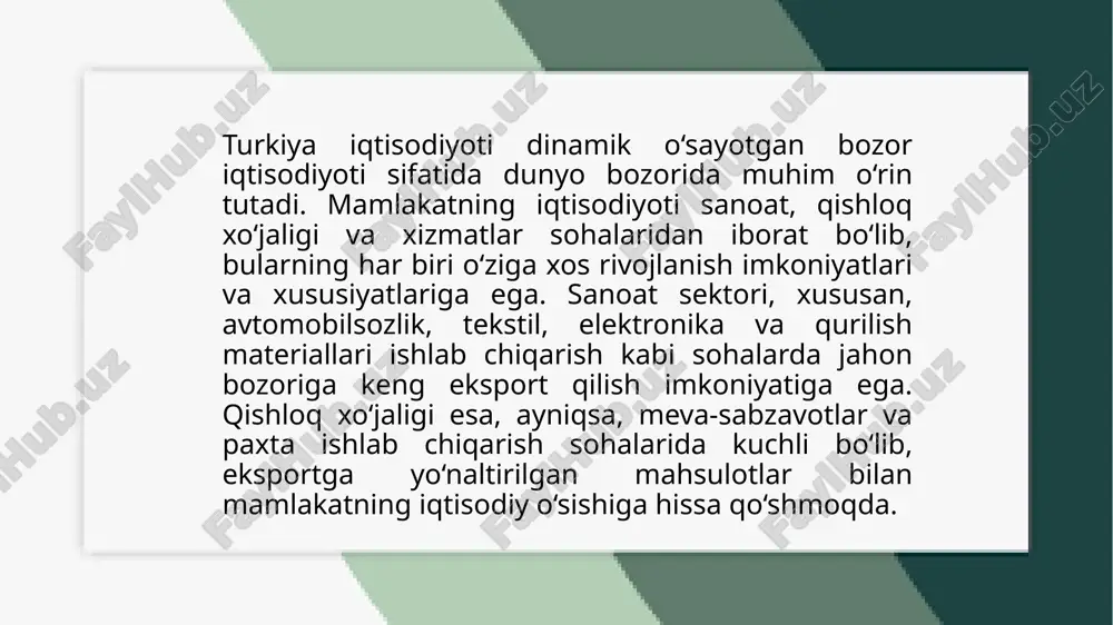 archa zarur choralarni ko‘rishga tayyor. turkiyadagi asosiy investitsiya sohalari energetika sektori, ayniqsa qayta tiklanadigan energiya manbalariga, shamol va quyosh energiyasiga katta e'tibor qaratiladi. mamlakatda yangi energiya manbalarini rivojlantirish va energiya samaradorligini oshirish uchun investitsiyalarni jalb qilish ustuvor yo‘nalishlardan biri hisoblanadi. transport va logistika sektori ham jozibador soha bo‘lib, turkiyaning geosiyosiy joylashuvi global savdo yo‘llarining muhim nuqtalaridan biriga aylantiradi. qishloq xo‘jaligi va oziq-ovqat sanoati ham o‘sish sur’atlariga ega. turkiya eksport qiladigan meva-sabzavotlar va boshqa qishloq xo‘jaligi mahsulotlariga bo‘lgan talab yuqori. agrobiznes va zamonaviy qishloq xo‘jaligi texnologiyalariga investitsiyalar bu sohani yanada rivojlantirishga yordam beradi. ______________________________________________________ turizm sektori ham muhim ahamiyatga ega. turkiya o‘zining tarixiy va tabiiy go‘zalliklari, plyajlari va madaniy merosi bilan dunyoda mashhur. turistik infratuzilmaning rivojlanishi, yangi mehmonxona va turistik komplekslarning qurilishi investitsiyalarni jalb qiladi. texnologiyalar va innovatsiyalar sektori ham o‘sib bormoqda. it, sun'iy intellekt, blockchain va raqamli xizmatlar kabi sohalarda startaplar va yangi texnologiyalarni rivojlantirishga sarmoya kiritish imkoniyatlari mavjud. bu …