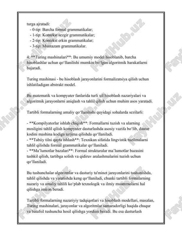 ini beradi. 6. **davlat boshqaruvi va ma'muriy xizmat**: davlat tashkilotlari va muassasalarida kadrlar, ma'lumotlar, va jarayonlarning boshqarilishi qattiq reglament va formatlar bilan ta'minlanadi. bu davlat xizmatlari samaradorligini oshirishga va transparencyani ta'minlashga yordam beradi. masalan, davlat xizmatlari agentliklari ma'lumotlarni yig'ish va saqlashda tartibli formatlarga amal qilishadi, bu esa axborotni izlash va tahlil qilishni osonlashtiradi. yuqorida keltirilgan misollar tartibli formalarning turli sohalar va hayot jabhalaridagi ahamiyatini ochib beradi. ular orqali nafaqat axborotni to'lash va tarqatish, balki boshqa ko'plab jarayonlarning samaradorligi ta'minlanadi. tajribali mutaxassislar va yetakchi hakamlar tomonidan tasdiqlangan formatlar ishlab chiqilishi va ularning amaliyotda to'g'ri tatbiq etilishi kamroq xatolarga va yuqori sifatli natijalarga olib keladi. tartibli formatlar madaniy anglashuvni ham oshiradi, chunki turli milliy, ijtimoiy va iqtisodiy tuzilmalar o'rtasidagi kelishuvlar sifatli va tushunarli shaklda qayd etiladi. 3. tartibli formalarning turkumlari "tartibli formalarning turkumlari" mavzusi bo'yicha ma'lumotlar: **tartibli formalar** haqida gapirganda, bu matematikada va boshqa ilmiy sohalarda keng ko'lamli qo'llaniladigan tushunchani anglatadi. tartibli …