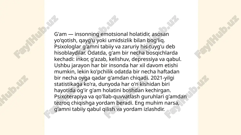 oto'g'ri ovqatlanish, stress va surunkali kasalliklar. o'rtacha kattalar kuniga 7-9 soat uyqu olishi kerak. jismoniy faollik charchoqni kamaytirishga yordam berishi mumkin, chunki u qondagi endorfinlar miqdorini oshiradi. to'g'ri ovqatlanish, ya'ni yetarlicha uglevod, oqsil va yog' iste'mol qilish, organizmning quvvatli bo'lishiga hissa qo'shadi. agar charchoq uzilmasa, shifokorga murojaat qilish lozim. ... t.me/slaydai_bot 10. shodlik 10. shodlik mavzusi oʻzbekistonda oʻta muhim masalalardan biri. toshkent shahrida oʻtkazilgan soʻrovga koʻra, aholining 72% shodlik darajasini saqlash uchun oilaviy munosabatlar muhimligini ta'kidlagan. bundan tashqari, 58% respondentlar sogʻlom turmush tarzini shodlikning asosiy omili sifatida koʻrsatgan. yana 65% insonlar esa madaniy tadbirlar va jamoat tadbirlari shodlikni oshirishga yordam berishini aytgan. oʻrganishlar shuni koʻrsatadiki, yoshlarning 81% sport va boshqa jismoniy faoliyat orqali shodlikni saqlashni afzal koʻradi. uzbekistanliklar uchun ijobiy ijtimoiy aloqa va qoʼllab-quvvatlash shodlikning asosiy manbai hisoblanadi. ... t.me/slaydai_bot ishonch insonlar orasida mustahkam aloqa va hamkorlik uchun asosiy omil hisoblanadi. tadqiqotlarga ko'ra, ishonchli jamoalarda 50% ga yaqin samaradorlik oshgan. …