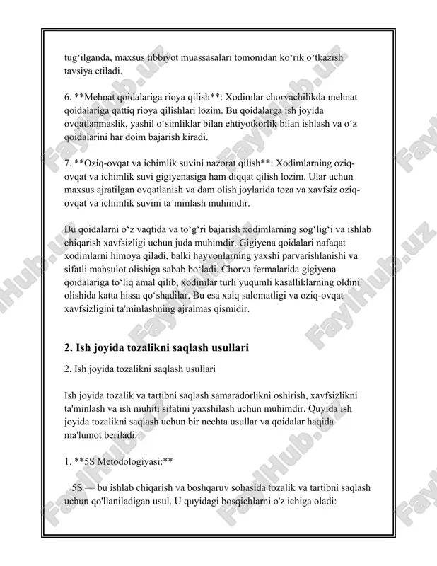 untazam tozalab turilishi lozim. bu joylarda sanitariya-gigiyena qoidalariga rioya qilish juda muhimdir. 9. **tozalashni avtomatlashtirish:** ba'zi muassasalar tozalash jarayonini avtomatlashtirish uchun robot texnologiyalari yoki maxsus o'rnatmalardan foydalanishi mumkin. bu energiyani tejash va tozalash jarayonini samaraliroq qilishga yordam beradi. 10. **xavfsizlik belgilari va belgilarini yaratish:** ish joyida xavfsizlik va tozalikni saqlashni osonlashtirish uchun vizual belgilar va belgilarni qo'llash mumkin. masalan, toza va iflos zonalarni ajratib ko'rsatish orqali axlatni to'g'ri joylash va tozalashning kerakligi eslatiladi. ish joyida tozalikni saqlashning ko'plab usullari mavjud va ular umumiy mijozlar ehtiyojiga hamda ishlab chiqarish turiga moslashtirilishi lozim. bu nafaqat sog'lom ish muhitini yaratish, balki xodimlarning samaradorligini oshirishga yordam beradi. 3. zararkunandalardan himoyalanish choralari zararkunandalardan himoyalanish choralari, qishloq xo'jaligi va uy-joylarda mahsulotlar sifatini saqlab qolish uchun muhimdir. ushbu choralar turli xil usullarni o'z ichiga oladi: biologik, kimyoviy va madaniy xatti-harakatlar. **biologik nazorat:** bu usul zararkunandalarga qarshi ularning tabiiy dushmanlarini qo'llashni o'z ichiga oladi. misol uchun, bog'bonlar o'simlik …