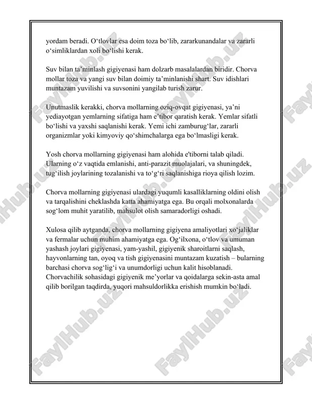 ak. mollarni kasalliklar uchun tekshiruvdan o'tkazish teri va junning sog'lomligini saqlashda muhimdir. b. **teri va junni tekshirish:** mollarni har kuni tekshirib turish ulardagi teri va jun muammolarini erta aniqlashga yordam beradi. agar jun matashayotgan yoki teri o'zgarishlari mavjud bo'lsa, zudlik bilan veterinar bilan maslahatlashish zarur. 4. **iqlim va atrof-muhitning ta'siri:** a. **iqlim sharoitlari:** mollar qanday iqlimda yashashlari ularning junning va terining holatiga ta'sir qiladi. sovuq iqlimda jun ko'proq qalin bo'ladi, issiq iqlimda esa yengilroq. b. **mollarni to'g'ri sharoitlarda saqlash:** ularni quyoshdan, yomg'irdan va sovuq shamollardan himoya qilish teri va junning sog'lom bo'lib qolishiga yordam beradi. 5. **texnologiyalar va asboblar:** a. **maxsus asbob-uskunalar:** mollarni parvarish qilishda maxsus asbob-uskunalardan, masalan, elektr qirqish mashinalari va tozalash vositalaridan foydalanish kerak. ushbu vositalar parvarish jarayonini osonlashtiradi va samaradorligini oshiradi. mollar, ayniqsa yosh hayvonlar, parvarish va gigiyena qoidalariga rioya qilish orqali sog'lom hayot kechiradilar. bu nafaqat ularning junning va terining yaxshi bo'lishiga, balki umumiy jismoniy va …