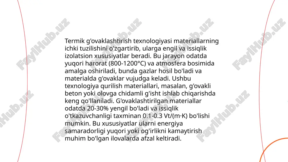 a materialning moslashuvchanligi va o'ziga xos og'irligini kamaytiradi. ushbu texnologiya avtomobilsozlik, kosmik sanoat va biomeditsina sohalarida keng qo'llaniladi. gidrodinamik g'ovaklashtirish usuli orqali yasalgan materiallar yuqori mustahkamlik va ekologik tozalik xususiyatlariga ega bo'ladi. ... t.me/slaydai_bot gazli g'ovaklashtirish texnikalari ozuqa mahsulotlarini ishlab chiqarishda keng qo'llaniladi. ushbu texnikalar mahsulotning tekstura va hajmini yaxshilashga yordam beradi. ko'pik texnologiyasi yordamida mahsulotga gaz kiritilib, uning hajmi taxminan 30-50% ga oshiriladi. asosan, gazli ichimliklar, non va qandolat mahsulotlari uchun ishlatiladi. mahsulot tarkibidagi ko'piklar massa va energiya sarfini kamaytiradi. gazli g'ovaklashtirishda karbonat angidrid (co2) va azot (n2) gazlari keng qo'llaniladi. ushbu texnologiyalar mahsulotning organoleptik xususiyatlarini yaxshilaydi va bozor raqobatbardoshligini oshiradi. zamonaviy gazli g'ovaklashtirish usullari ekologik jihatdan qulay va energiya samaradorligi bilan ajralib turadi. ... t.me/slaydai_bot 10. yoritish va nurlantirish yordamida g'ovaklashtirish. 10. yoritish va nurlantirish yordamida g'ovaklashtirish. yoritish va nurlantirish texnologiyalari sanoatda asosiy yutuqlar keltirmoqda, ayniqsa materiallarni g'ovaklashtirishda. ushbu jarayonlar ultrabinafsha va lazer nurlari yordamida material yuzalarida mikroskopik …