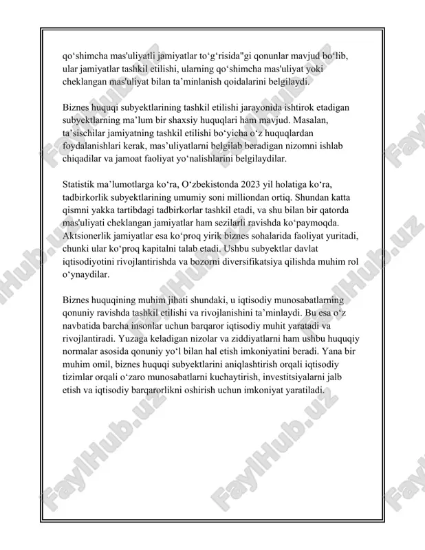 liallar orqali faoliyat yuritadigan yirik korporatsiyalardir. 5. **faoliyat sohasiga ko‘ra tasnifi:** - **ishlab chiqarish korxonalari:** bu turdagi korxonalar mahsulot ishlab chiqarish bilan shug‘ullanadi. - **xizmat ko‘rsatish korxonalari:** ular turli xizmatlarni taqdim etadi, masalan, transport, turizm va boshqalar. - **savdo korxonalari:** savdo-sotiq bilan shug‘ullanadigan va mahsulotni iste'molchilarga yetkazadigan subyektlar. korxonalar yuqoridagi mezonlar bo‘yicha tasniflanadi va bu ularning biznes yuritish uslubini, huquqiy mas'uliyatini va bozor faoliyatini aniqlashga xizmat qiladi. ushbu tasnif mezonlari biznesning samaradorligini oshirish, huquqiy xavfsizlikni ta'minlash va iqtisodiy faoliyatni tartibga solishda muhim ahamiyatga ega. har bir mezonning o'ziga xos afzallik va kamchiliklari bor, va ular korxonaning maqsadlari, imkoniyatlari va tashkiliy resurslariga qarab tanlanadi. 3. xususiy tadbirkorlik subyektlari xususiy tadbirkorlik subyektlari (xts) bugungi kunda ko'plab iqtisodiy tizimlar uchun muhim rol o'ynaydi, chunki ular iqtisodiy rivojlanishga, yangi ish o'rinlari yaratishga va iqtisodiy diversifikatsiyaga hissa qo'shadi. xususan, o'zbekiston haqida gap ketganda, xususiy tadbirkorlik subyektlari mamlakatning iqtisodiy yuksalishi va rivojlanishi uchun alohida ahamiyatga ega. …