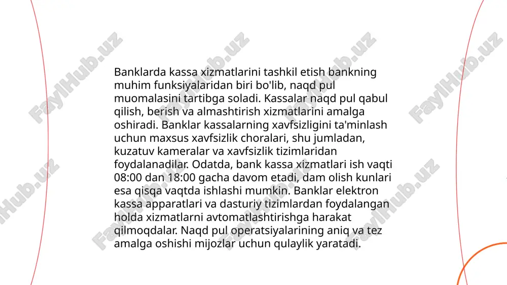 g samarali ishlashini taʼminlashda muhim ahamiyat kasb etadi. 2022 yilda oʻzbekistonda 200 dan ortiq inkassatsiya markazi zamonaviy texnologiyalar bilan jihozlangan. ushbu xizmatlarni modernizatsiya qilish jarayonida dasturiy taʼminot va xavfsizlik tizimlariga 50 million dollar sarmoya kiritildi. 2023 yilning birinchi choragida inkassatsiya operatsiyalarining soni 15% oshdi. yangi tizimlar 30% ko'proq vaqt va resursni tejash imkonini berdi. shu bilan birga, har bir inkassatsiya guruhi uchun xavfsizlik protokollari yangilanib, xavfsizlik darajasi 25% ga oshdi. inkassatsiya xizmatlari samaradorligini yanada oshirish uchun kelgusi uch yilda qo'shimcha 100 million dollar sarflash rejalashtirilgan. ... t.me/slaydai_bot kassa xizmatlaridagi zamonaviy texnologiyalar tufayli to‘lov jarayonlari tezlashib, xavfsizlik ortmoqda. mobil to‘lov ilovalari orqali xaridorlar naqd pulga ehtiyoj sezmaydilar, bu o'z navbatida 78% zamanaviy mijozlar uchun qulaylik yaratadi. 2022-yilda o‘zbekiston aholisining 55% elektron to‘lovlardan foydalandi. qr kodlar va nfc texnologiyalari kassada tez va oson to‘lovlar qilish imkonini bermoqda. bulutga asoslangan kassa tizimlari esa ma’lumotlarni xavfsiz saqlash va har qanday qurilmada ulanish imkoniyatini beradi. …