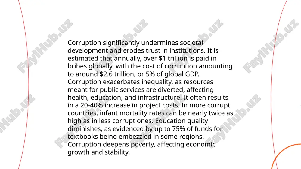 nomic growth by up to 1% annually. ... t.me/slaydai_bot corruption significantly hampers economic growth, with estimates suggesting that it costs the global economy over $2.6 trillion annually, equivalent to about 5% of global gdp. it increases the cost of doing business by up to 10% on average. the world bank estimates that around $1 trillion is paid in bribes each year. corruption discourages foreign direct investment, with countries experiencing higher levels of corruption seeing reduced investment inflows. studies show that a one-point improvement in a country’s corruption perception index could increase gdp growth rates by 1-2%. public funds are often misallocated in corrupt systems, reducing budget efficiency and affecting sectors like health and education, with negative outcomes for development and poverty reduction. ... t.me/slaydai_bot cultural factors significantly influence corruption levels, with power distance, individualism versus collectivism, and uncertainty avoidance playing key roles. in high power distance cultures, hierarchical structures may …